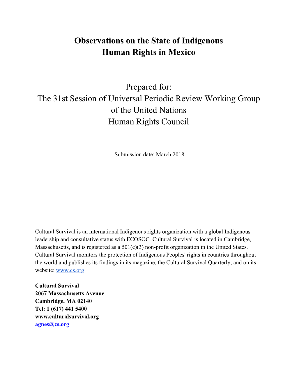 Observations on the State of Indigenous Human Rights in Mexico