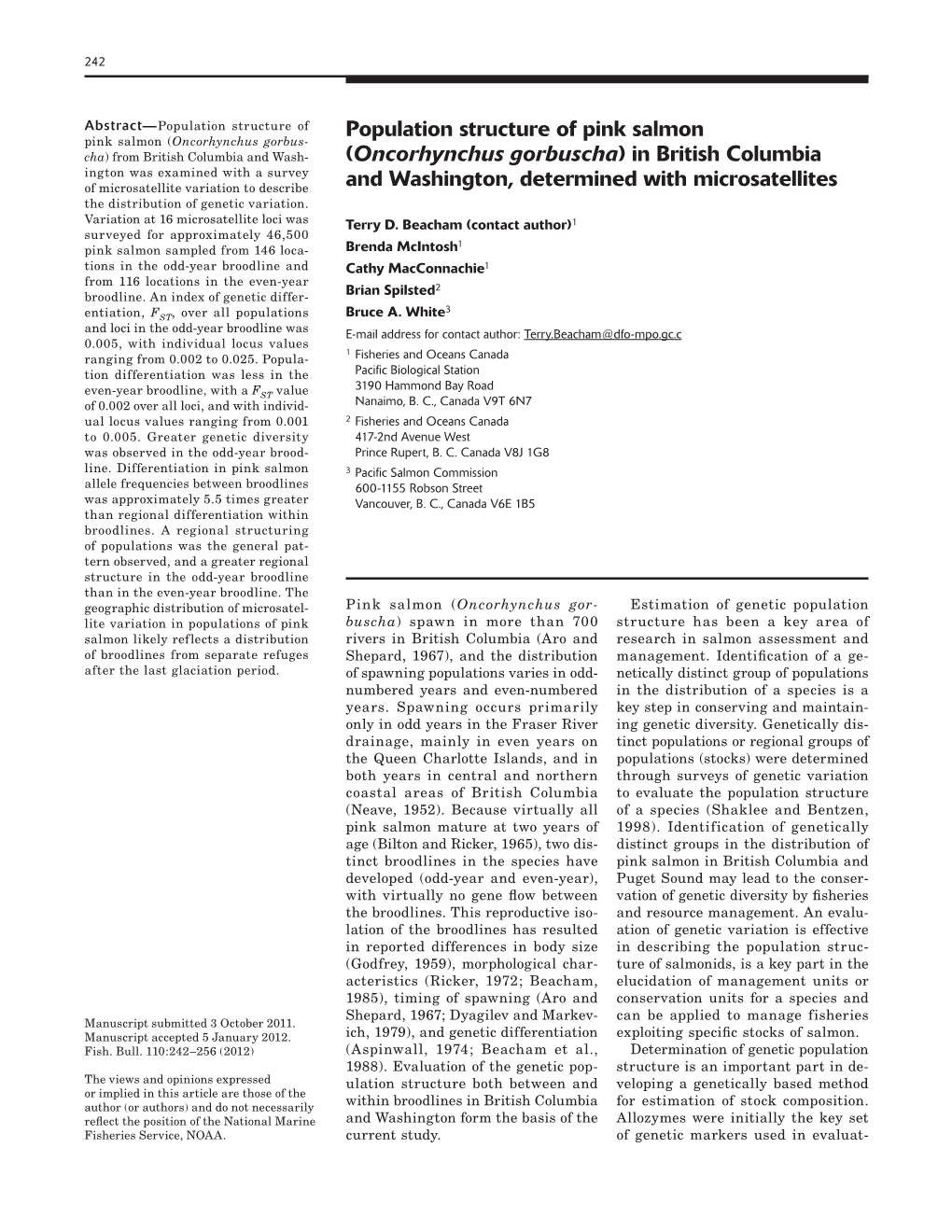 Population Structure of Pink Salmon (Oncorhynchus Gorbuscha) In