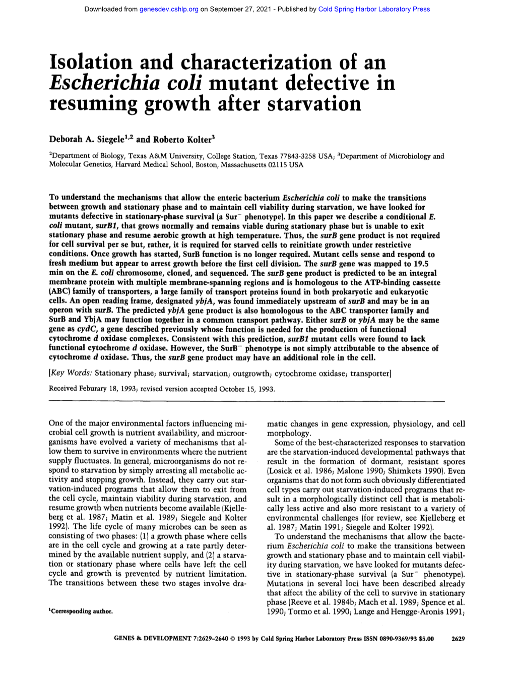 Isolation and Characterization of an Escherichia Coli Mutant Defective in Resuming Growth After Starvation