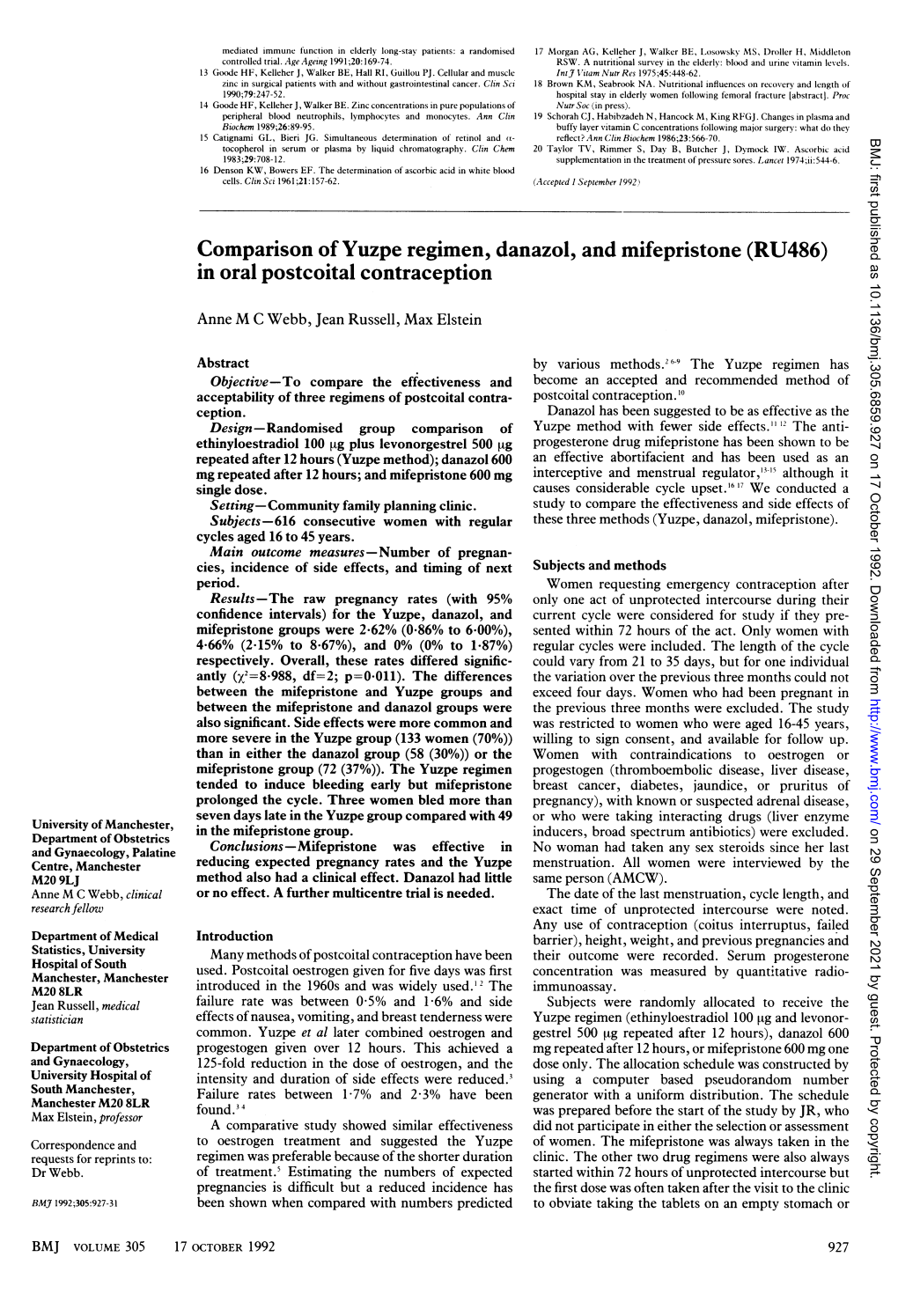 Comparison of Yuzpe Regimen, Danazol, and Mifepristone