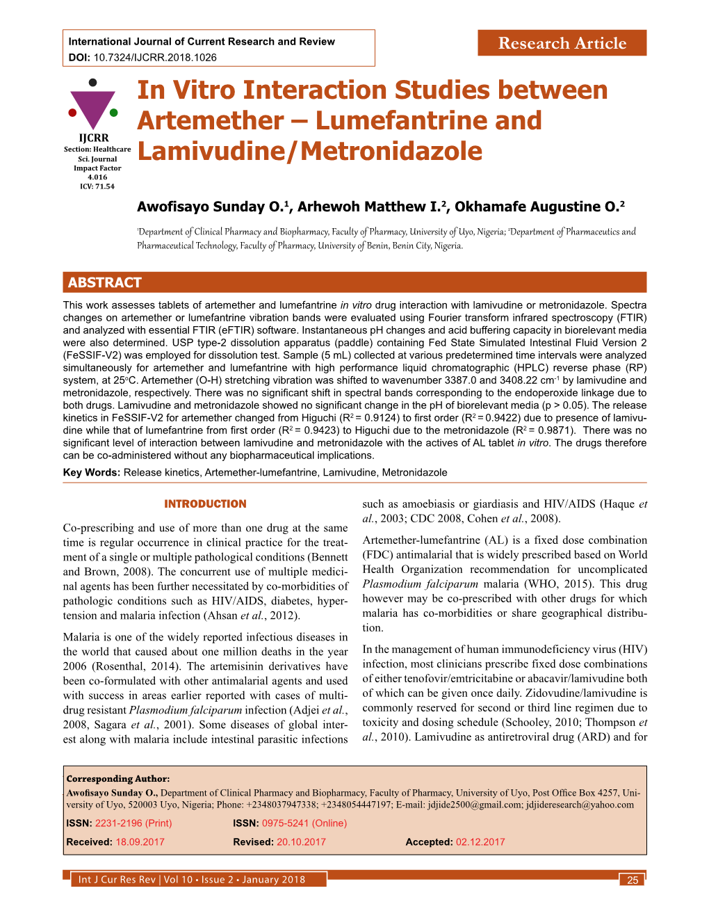 In Vitro Interaction Studies Between Artemether – Lumefantrine and IJCRR Section: Healthcare Sci