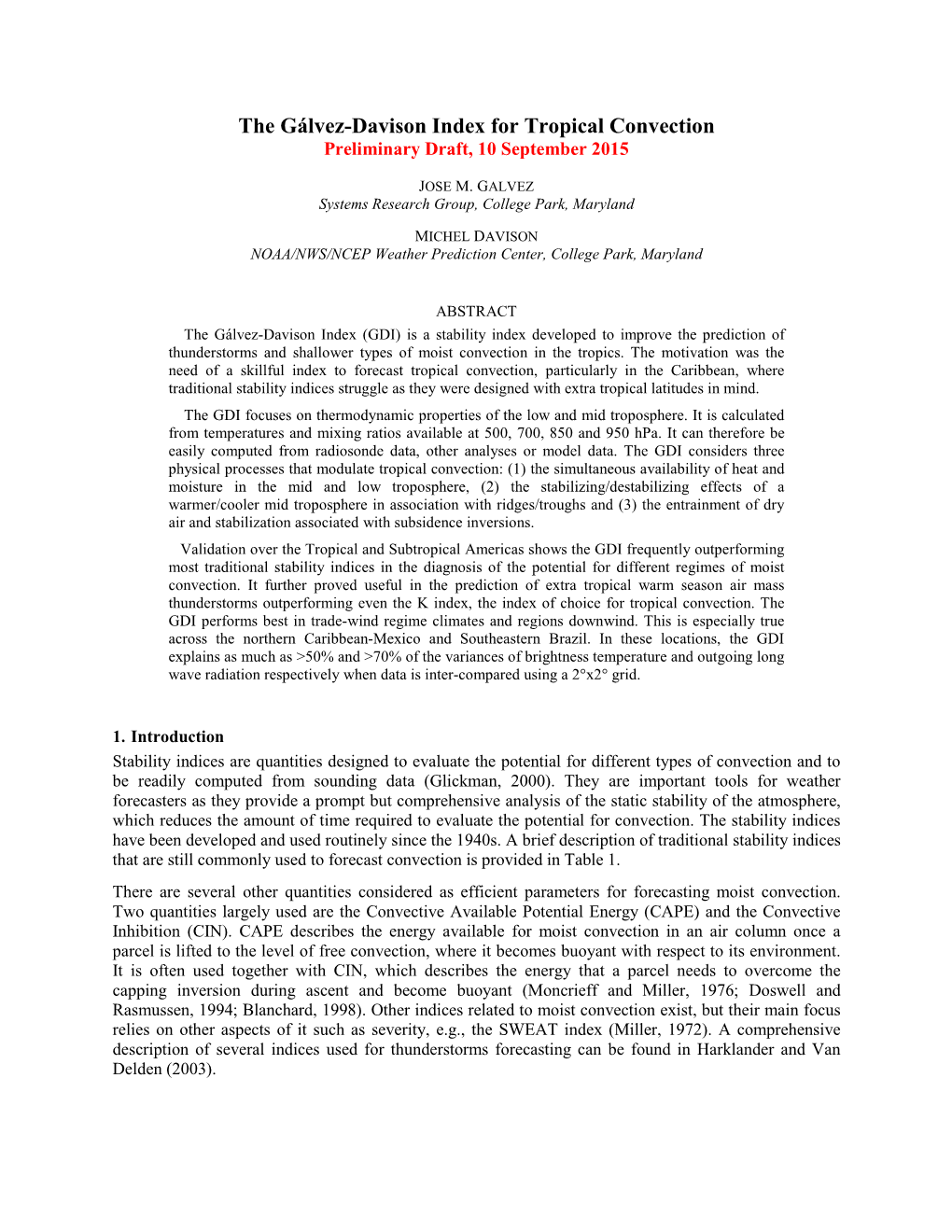 The Gálvez-Davison Index for Tropical Convection Preliminary Draft, 10 September 2015