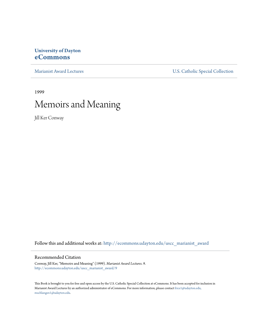 Memoirs and Meaning Jill Ker Conway