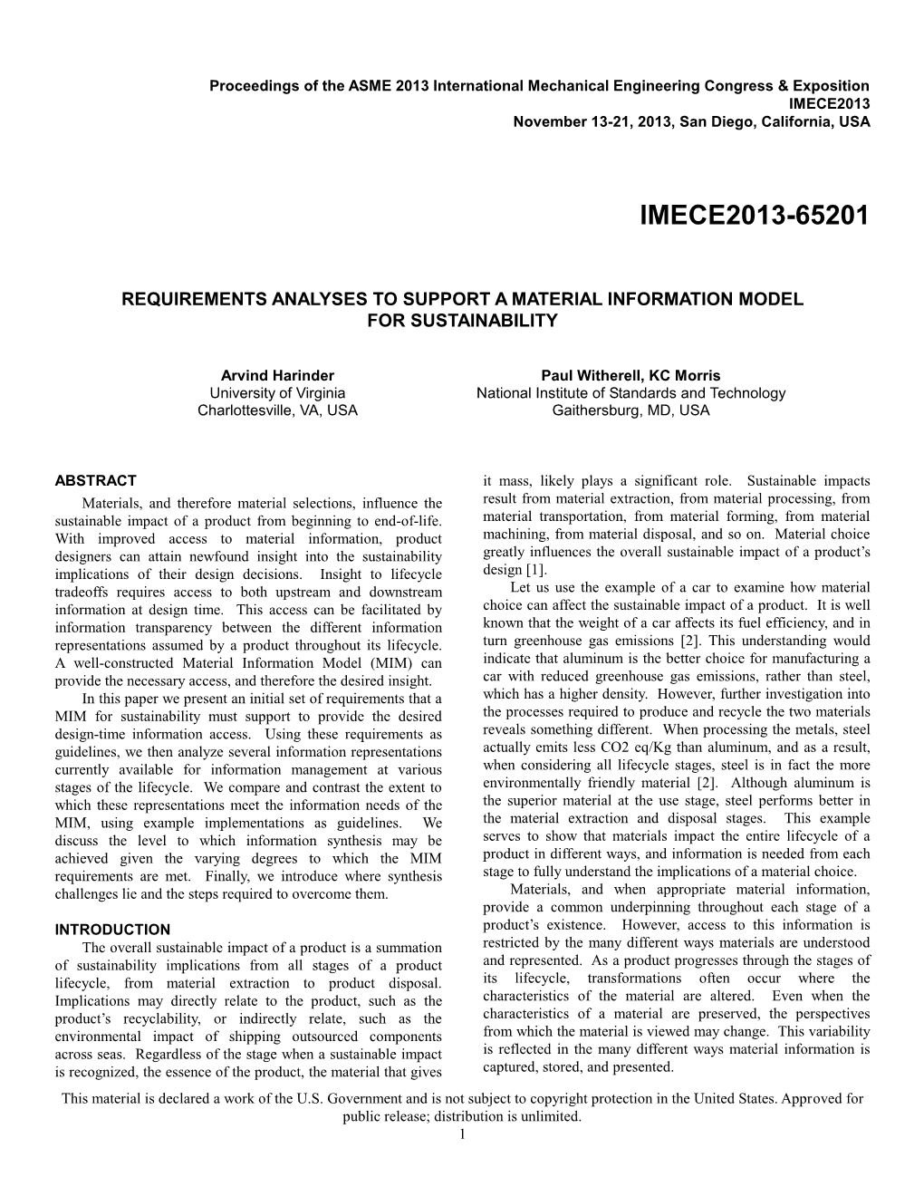 Requirements Analyses to Support a Material Information Model for Sustainability