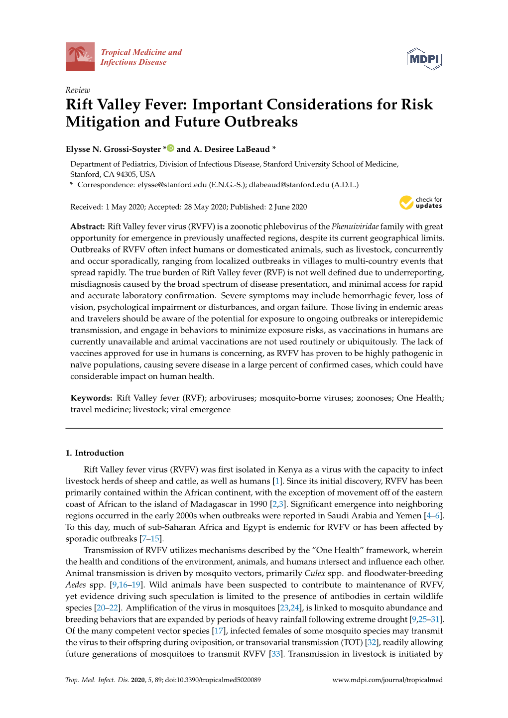 Rift Valley Fever: Important Considerations for Risk Mitigation and Future Outbreaks