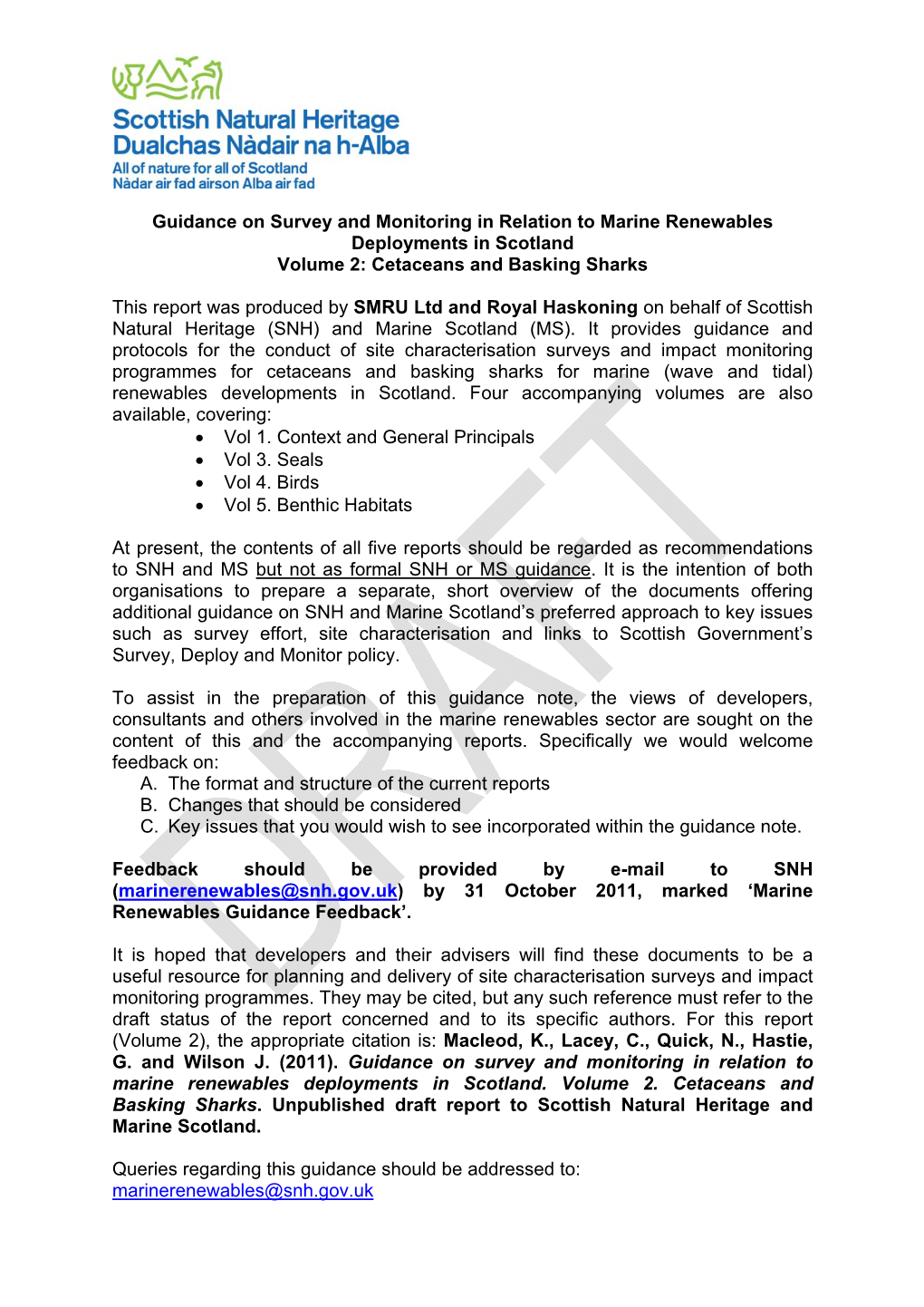 Guidance on Survey and Monitoring in Relation to Marine Renewables Deployments in Scotland Volume 2: Cetaceans and Basking Sharks