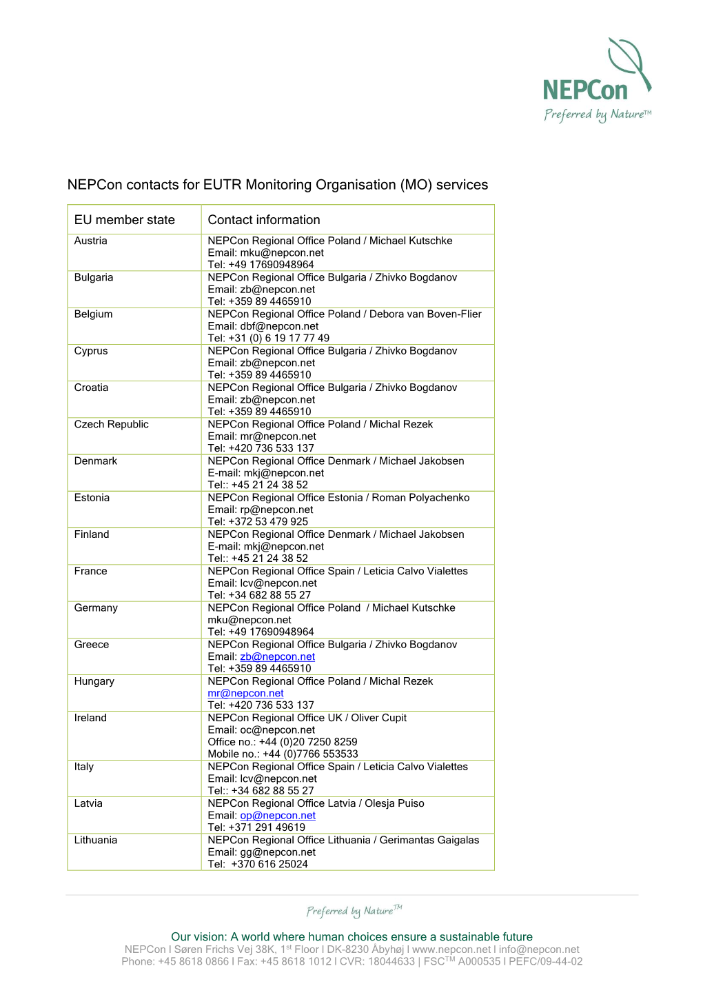 Nepcon Contacts for EUTR Monitoring Organisation (MO) Services