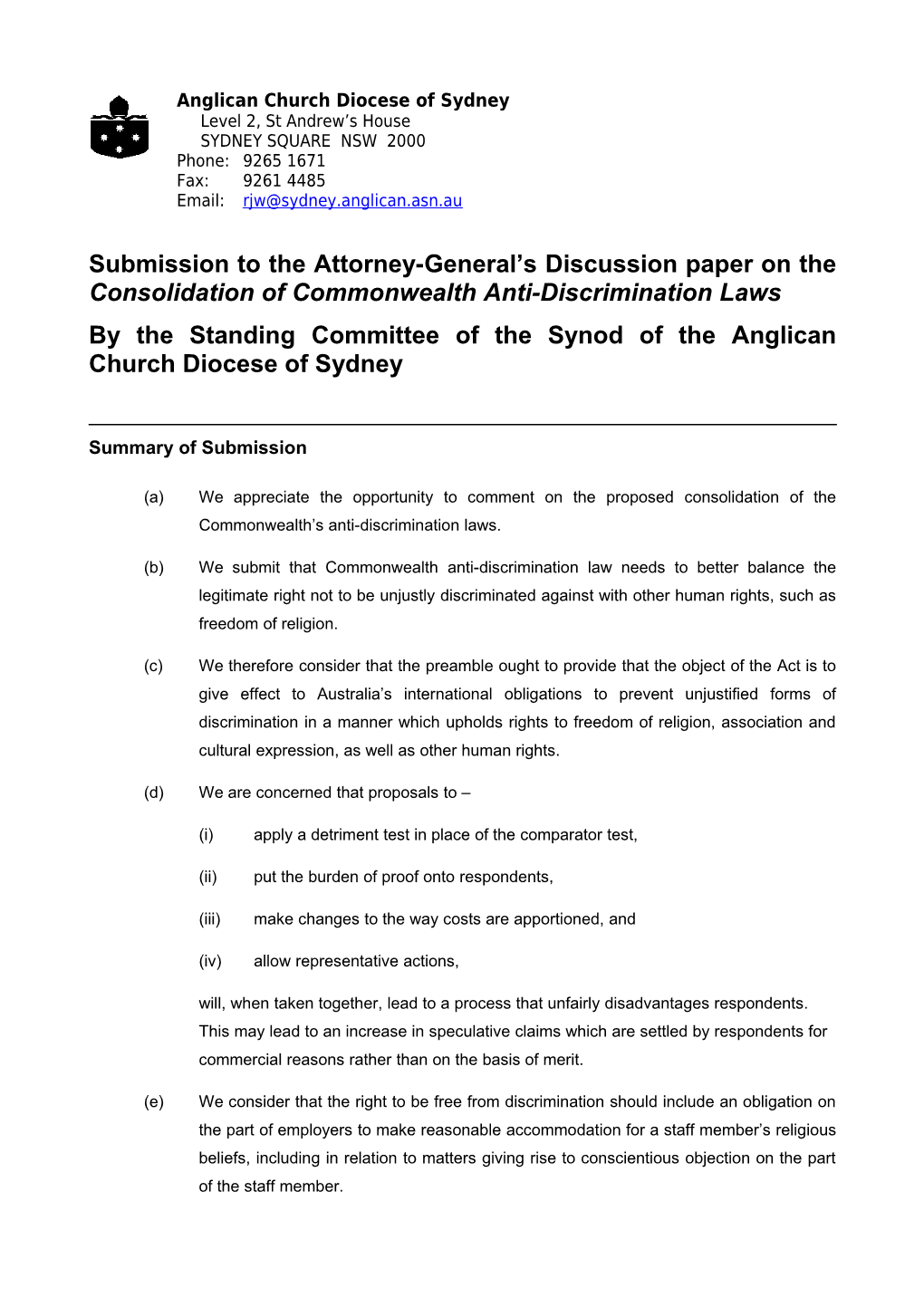 Submission on the Consolidation of Commonwealth Anti-Discrimination Laws - Anglican Diocese