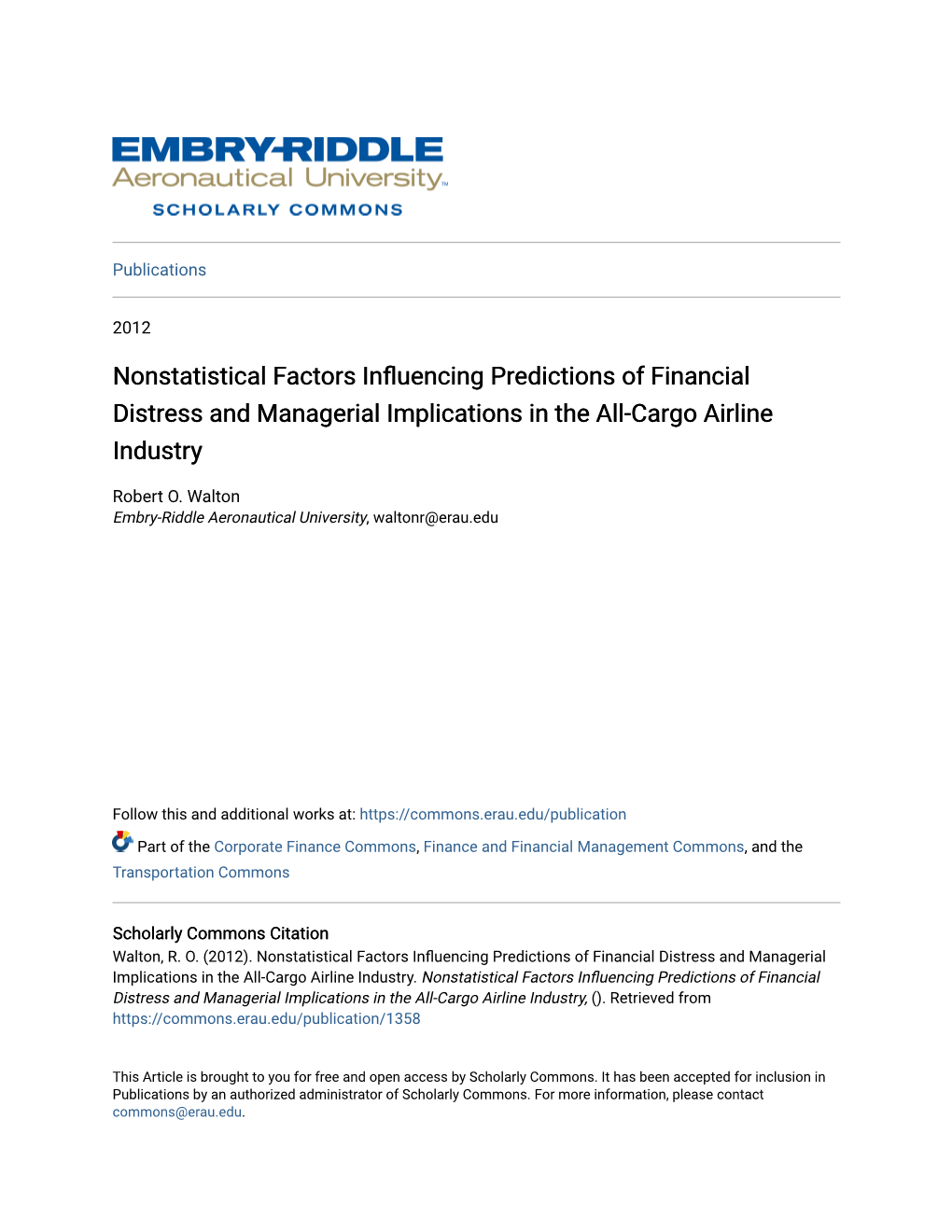 Nonstatistical Factors Influencing Predictions of Financial Distress and Managerial Implications in the All-Cargo Airline Industry