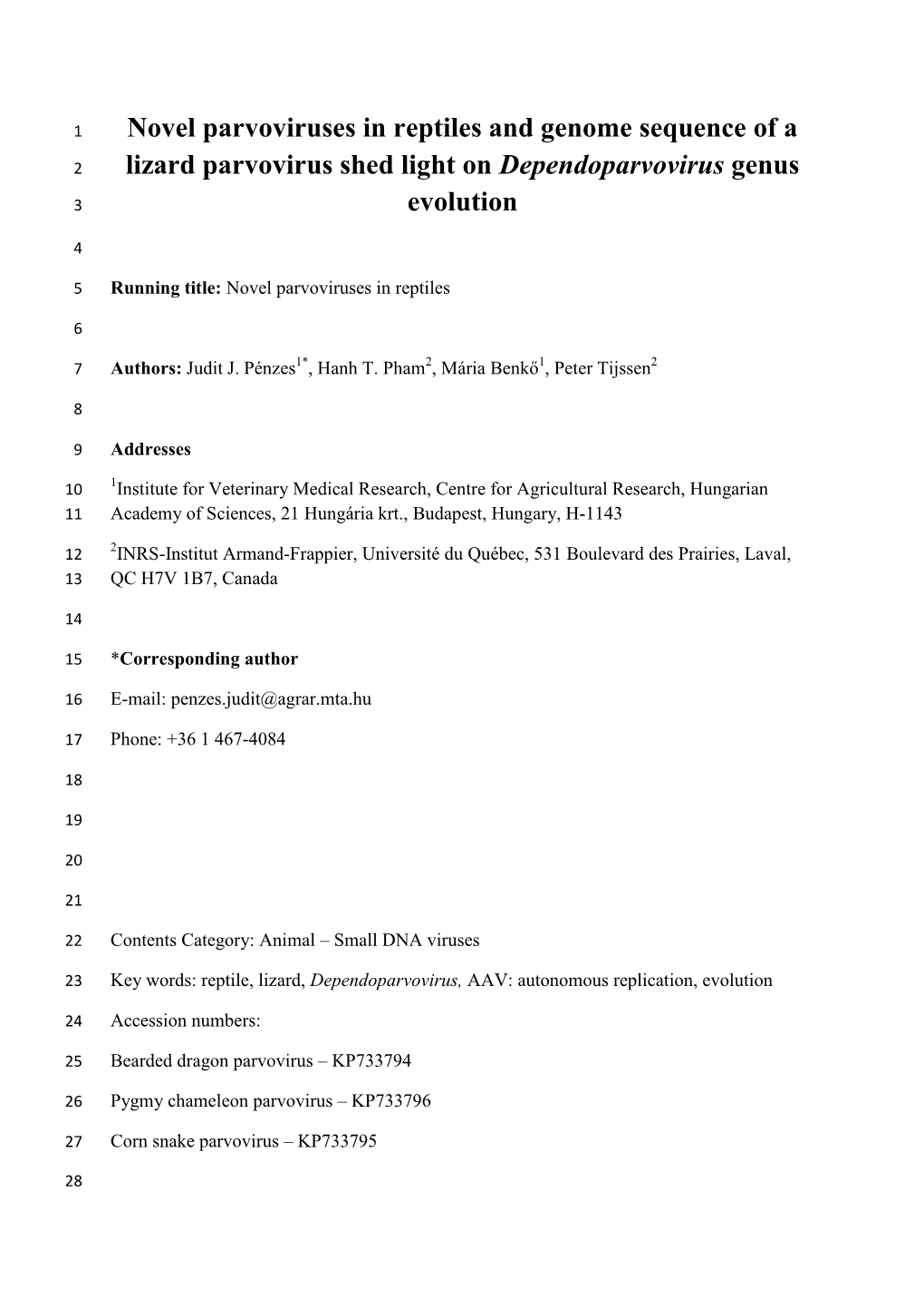 Novel Parvoviruses in Reptiles and Genome Sequence of a Lizard