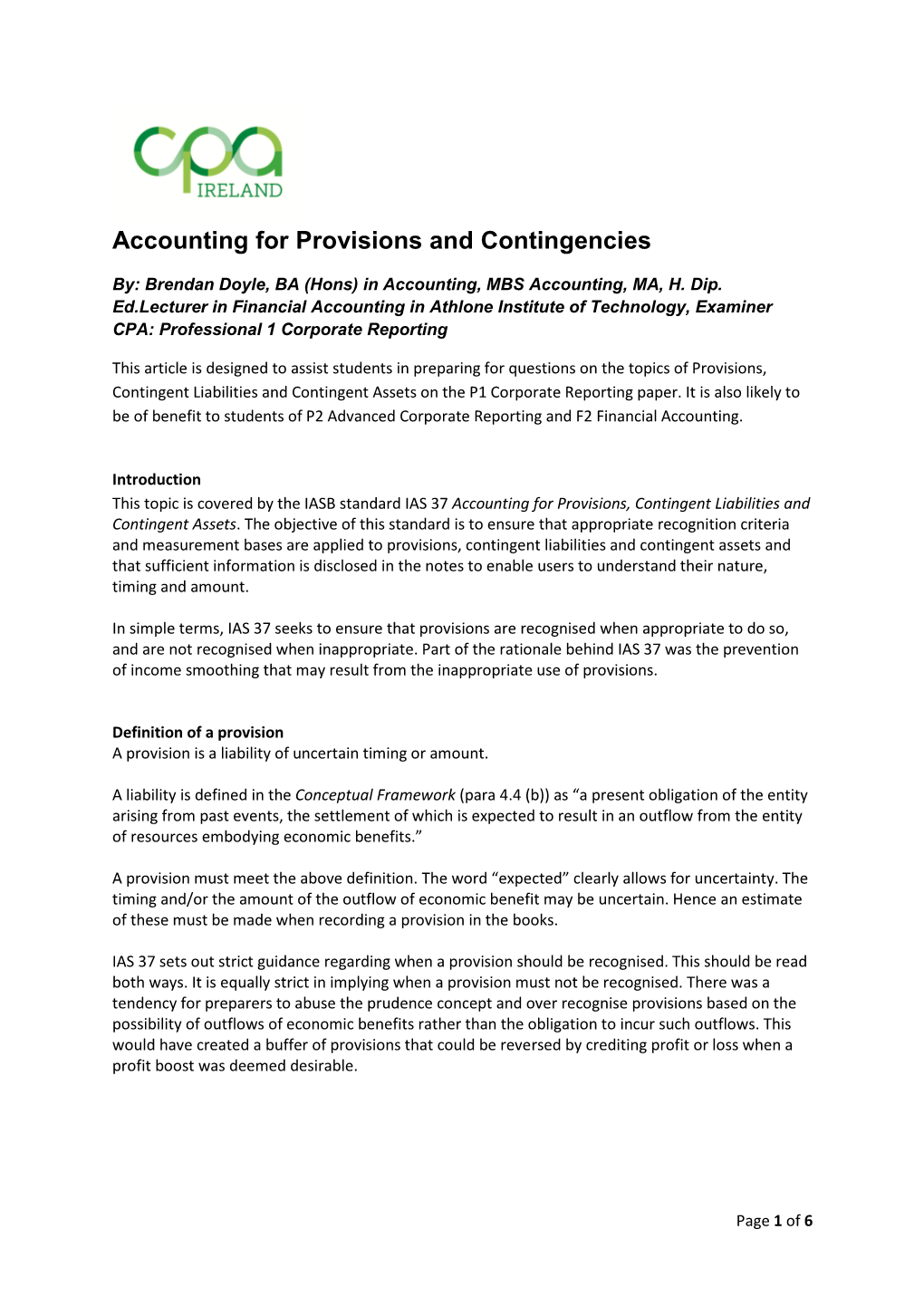 Accounting for Provisions and Contingencies