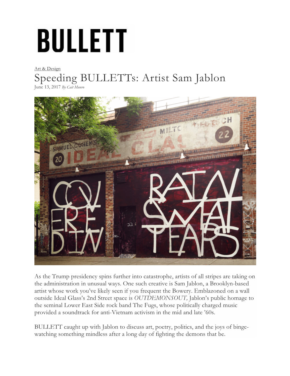 Speeding Bulletts: Artist Sam Jablon June 13, 2017 by Cait Munro