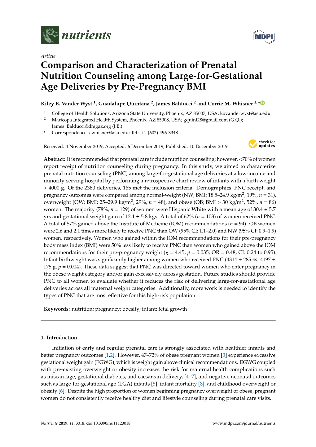 Comparison and Characterization of Prenatal Nutrition Counseling Among Large-For-Gestational Age Deliveries by Pre-Pregnancy BMI