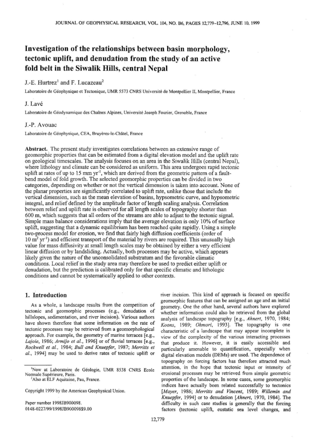 Investigation of the Relationships Between Basin Morphology, Tectonic Uplift, and Denudation from the Study of an Active Fold Be