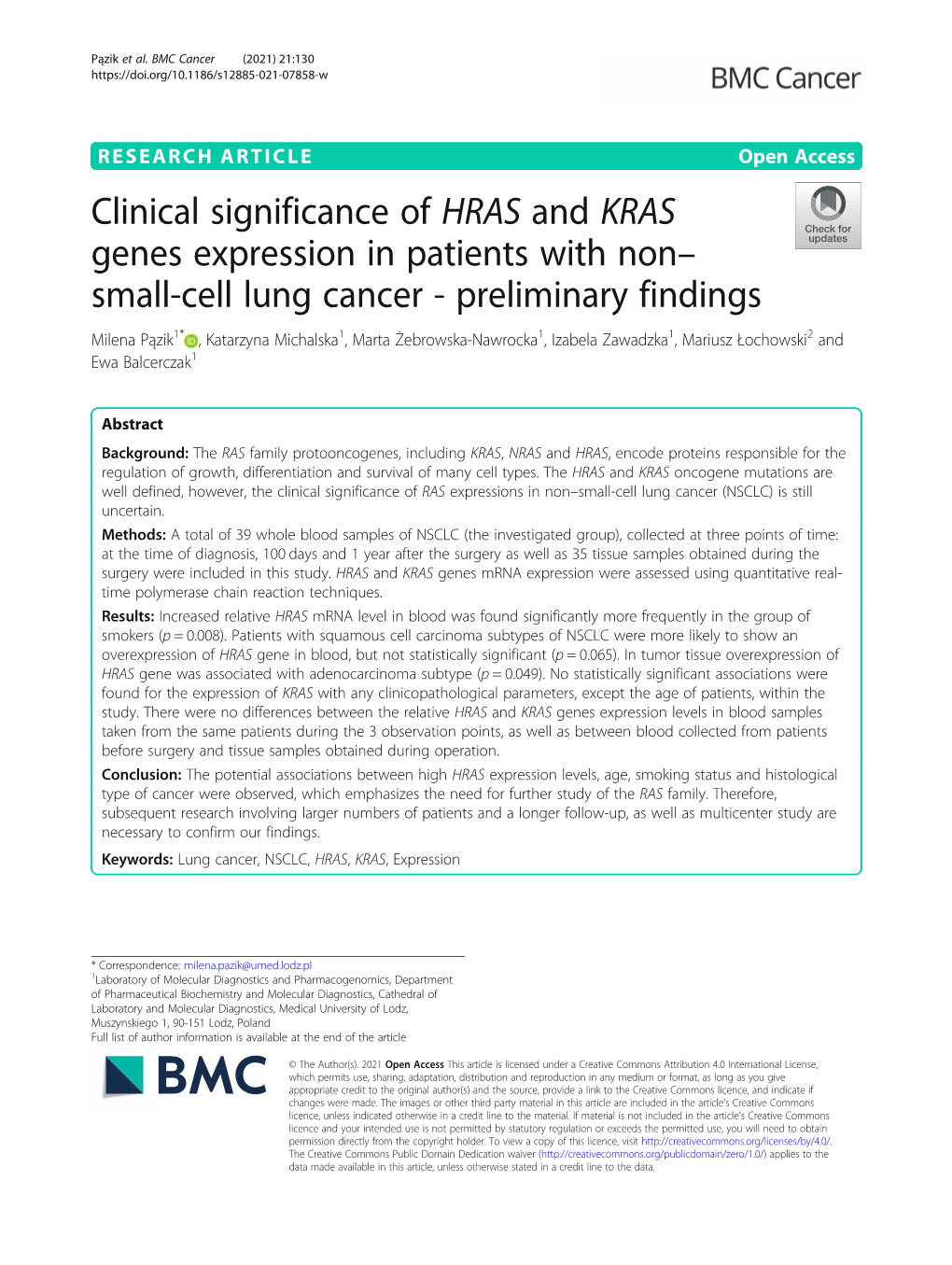 Clinical Significance of HRAS and KRAS Genes Expression in Patients