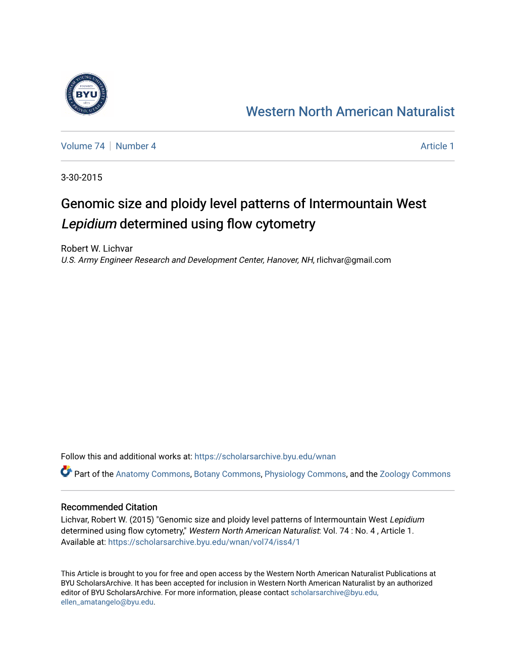 Genomic Size and Ploidy Level Patterns of Intermountain West Lepidium Determined Using Flow Cytometry