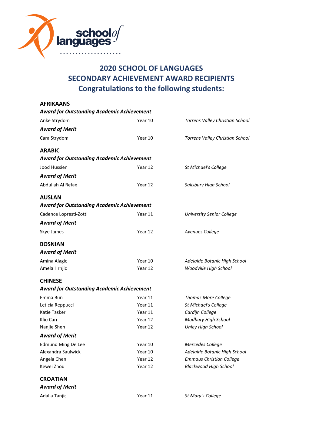 Secondary Outstanding Academic Achievement/Merit Award