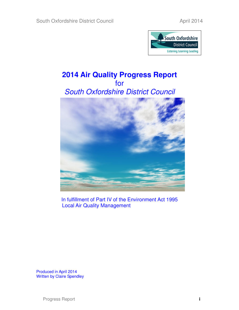 2014 Air Quality Progress Report for South Oxfordshire District Council