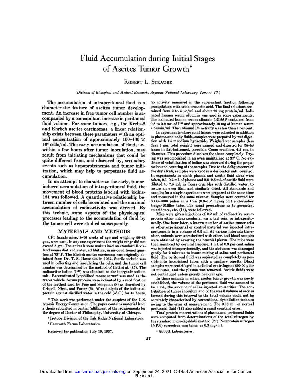 Fluid Accumulation During Initial Stages of Ascites Tumor Growth*