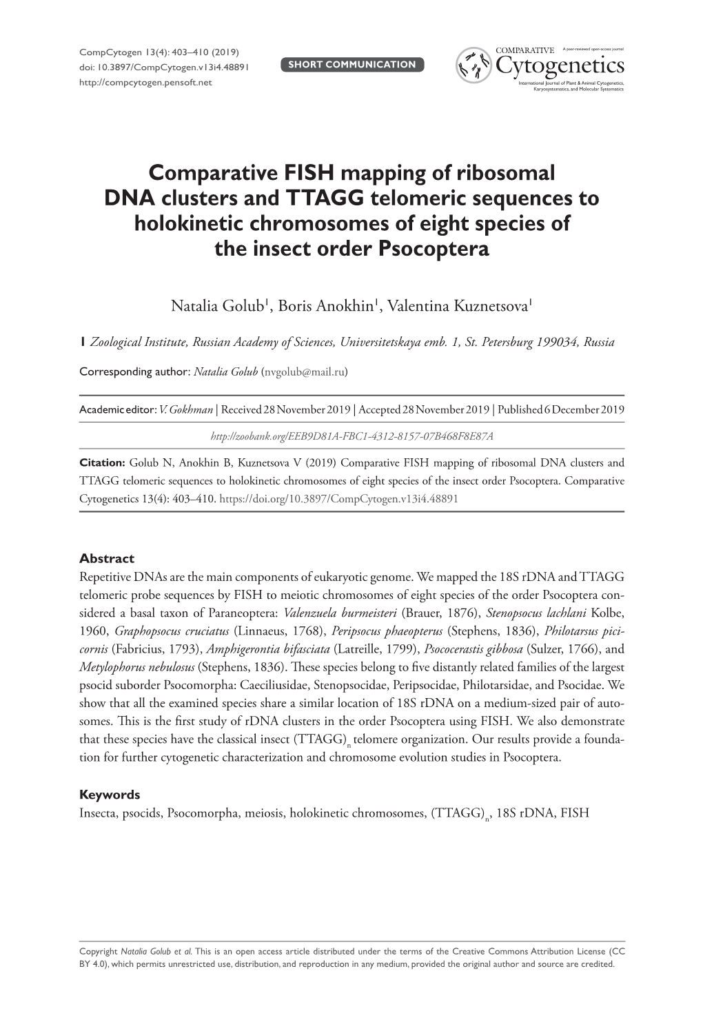 ﻿Comparative FISH Mapping of Ribosomal DNA Clusters and TTAGG