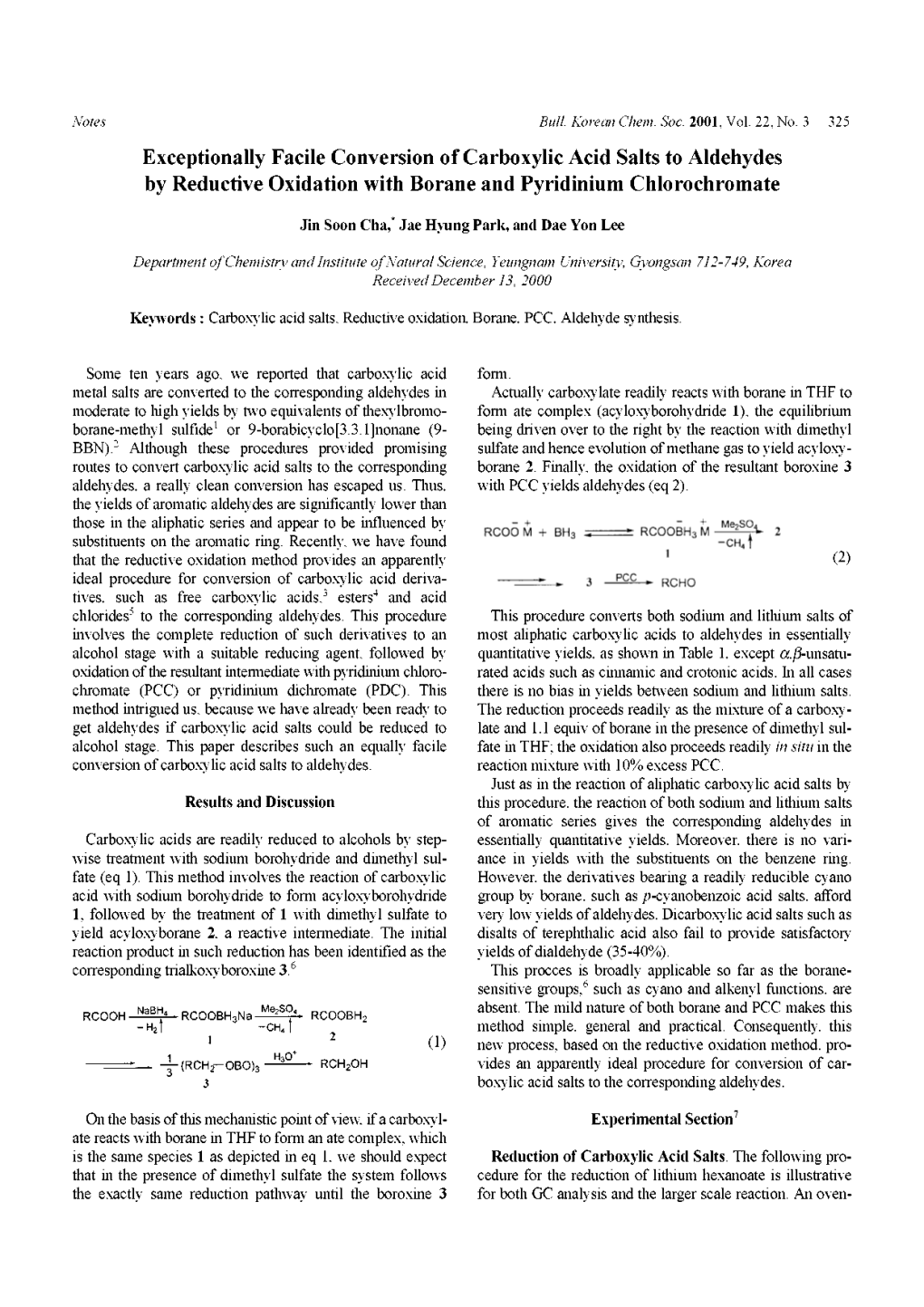 Exceptionally Facile Conversion of Carboxylic Acid Salts to Aldehydes by Reductive Oxidation with Borane and Pyridinium Chlorochromate