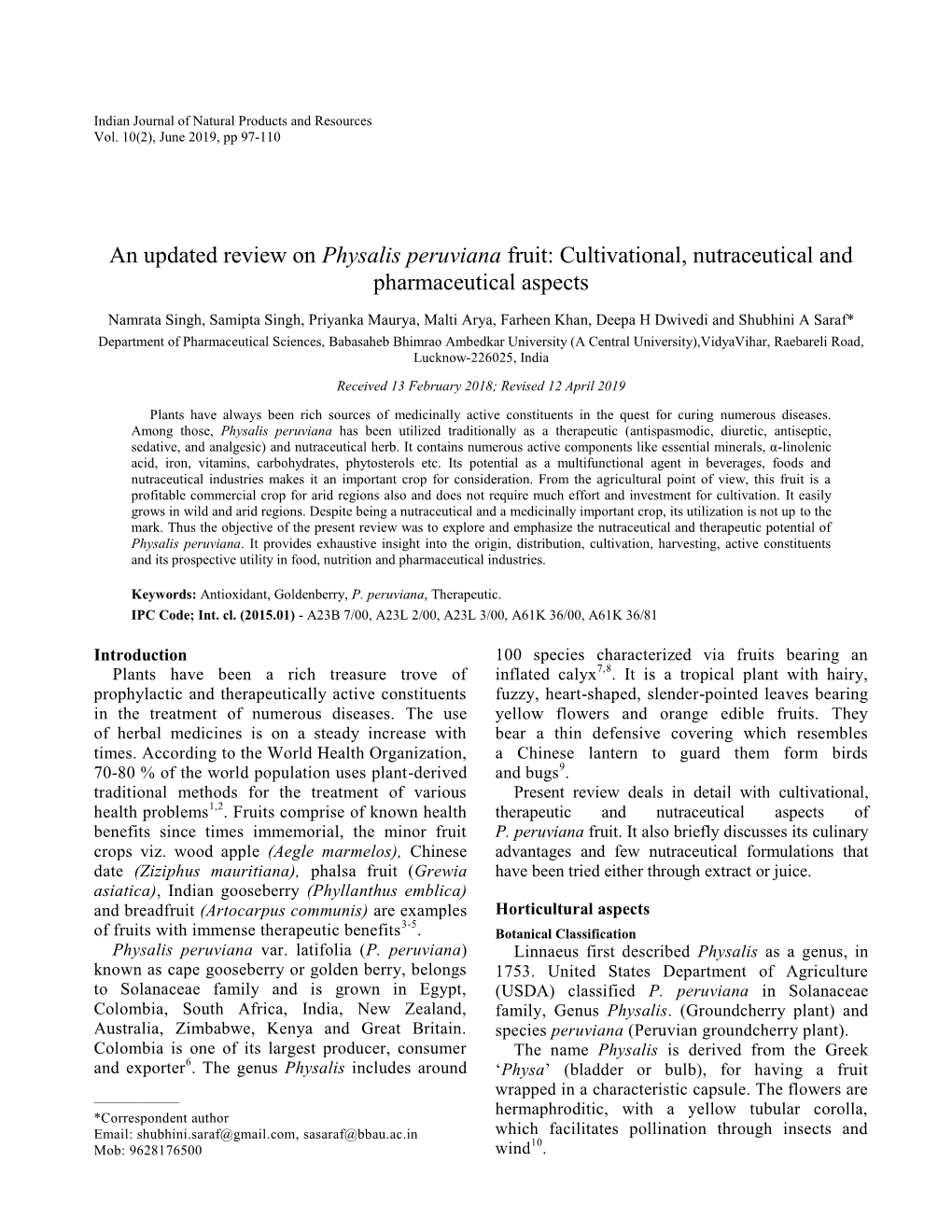 Physalis Peruviana Fruit: Cultivational, Nutraceutical and Pharmaceutical Aspects