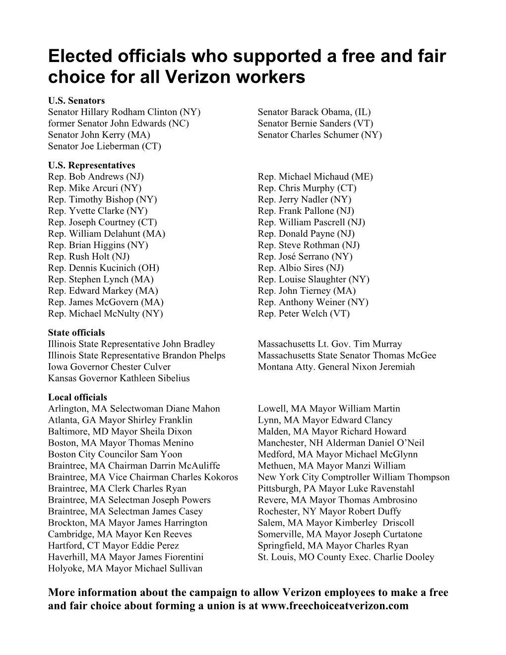 Elected Officials Who Supported a Free and Fair Choice for All Verizon Workers