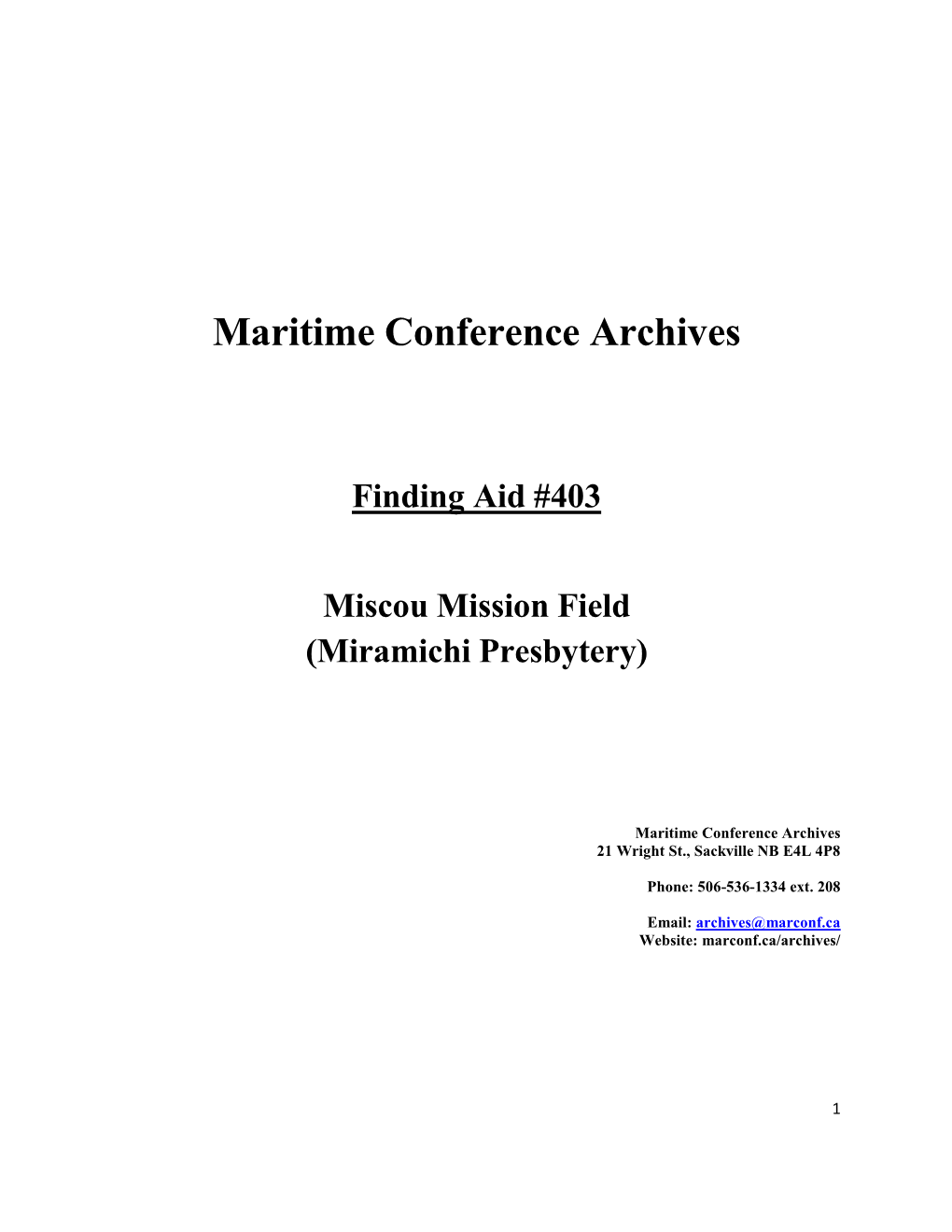 Maritime Conference Archives Finding Aid #403 Miscou