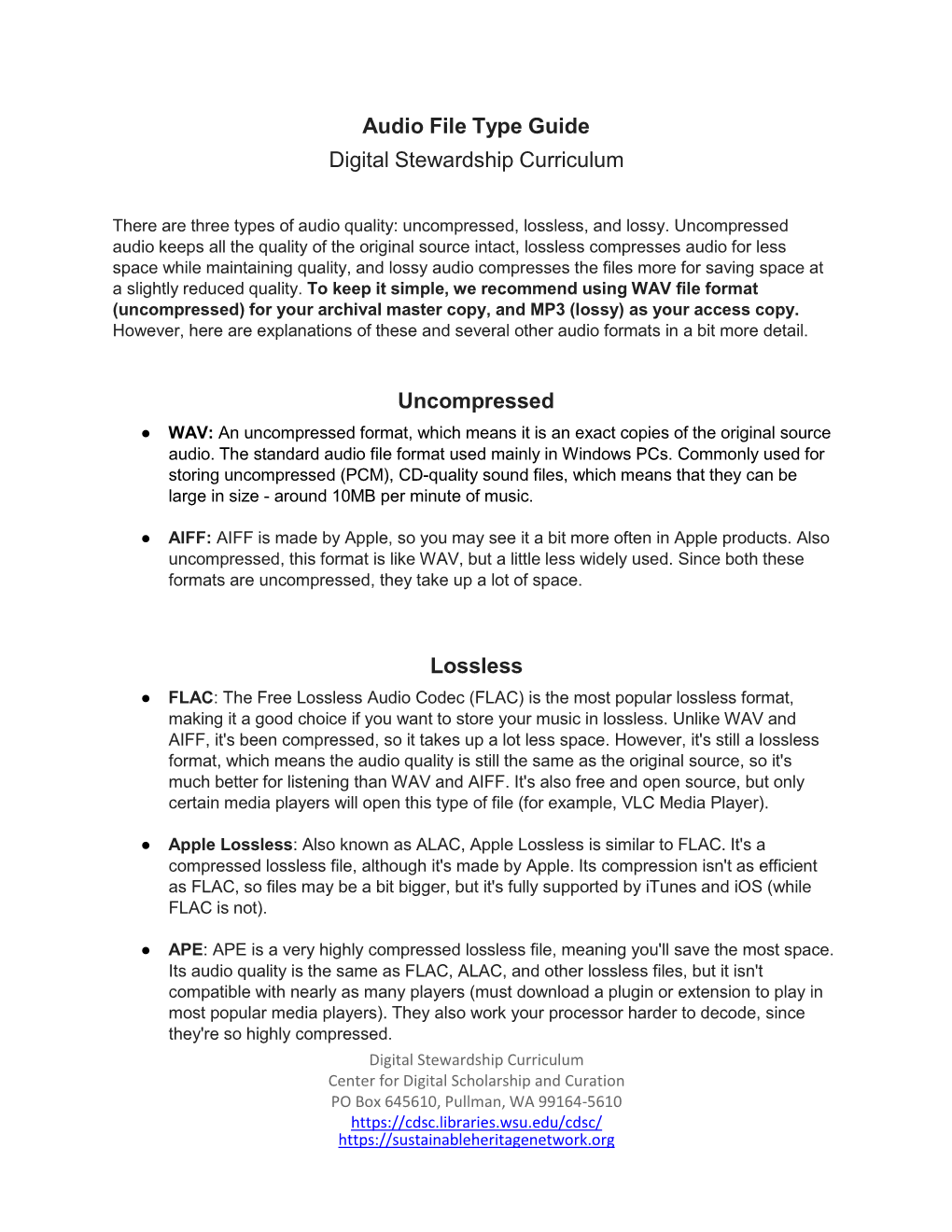 Audio File Type Guide Digital Stewardship Curriculum Uncompressed Lossless