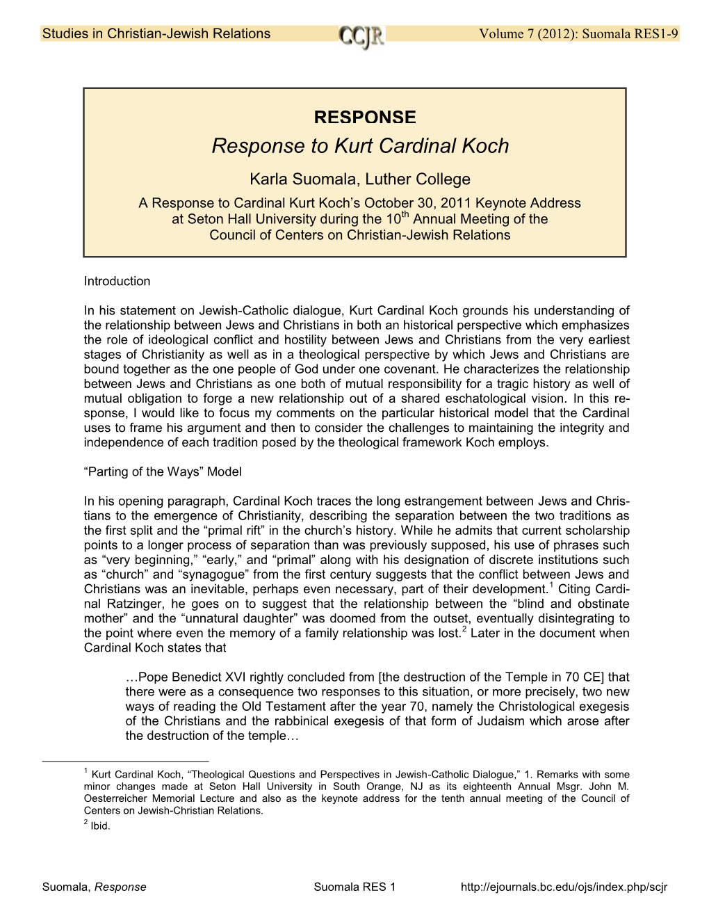 Response to Kurt Cardinal Koch