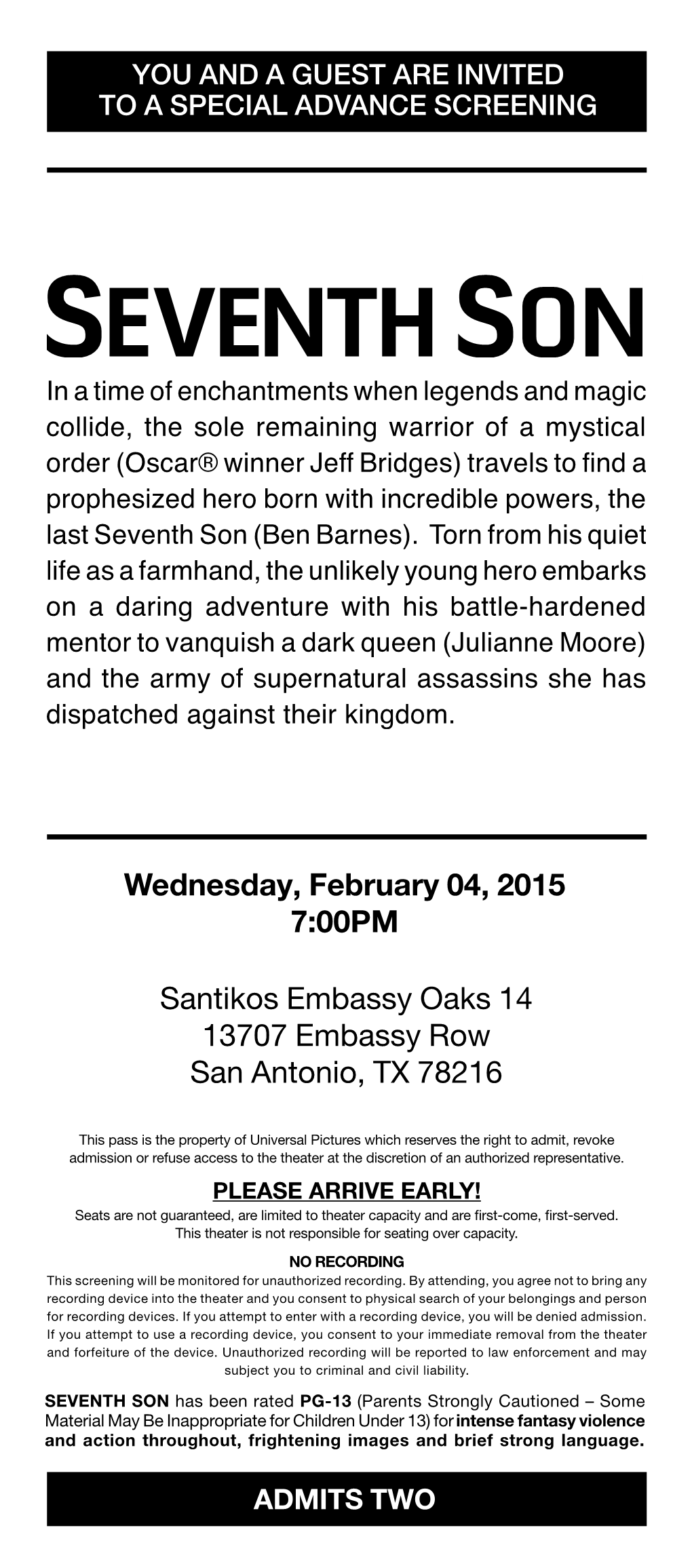 Wednesday, February 04, 2015 7:00PM Santikos