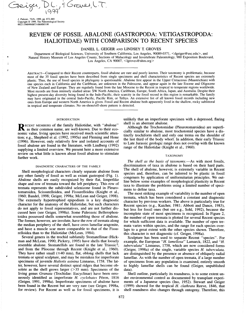 Review of Fossil Abalone (Gastropoda: Vetigastropoda: Haliotidae) with Comparison to Recent Species Daniel L