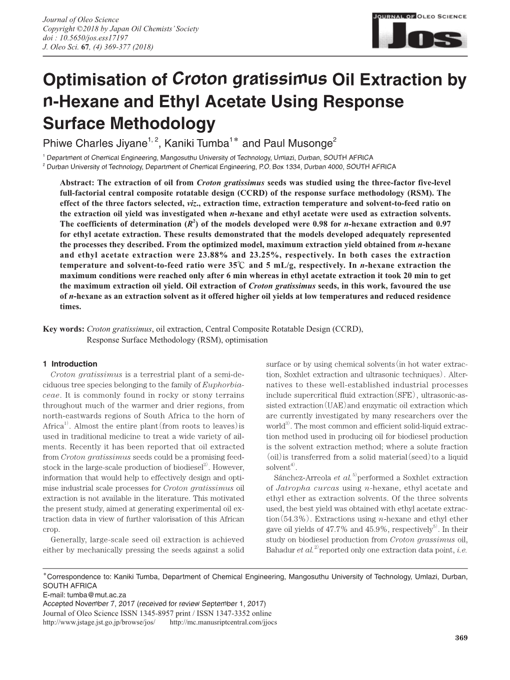 Optimisation of Croton Gratissimus Oil Extraction by N-Hexane and Ethyl