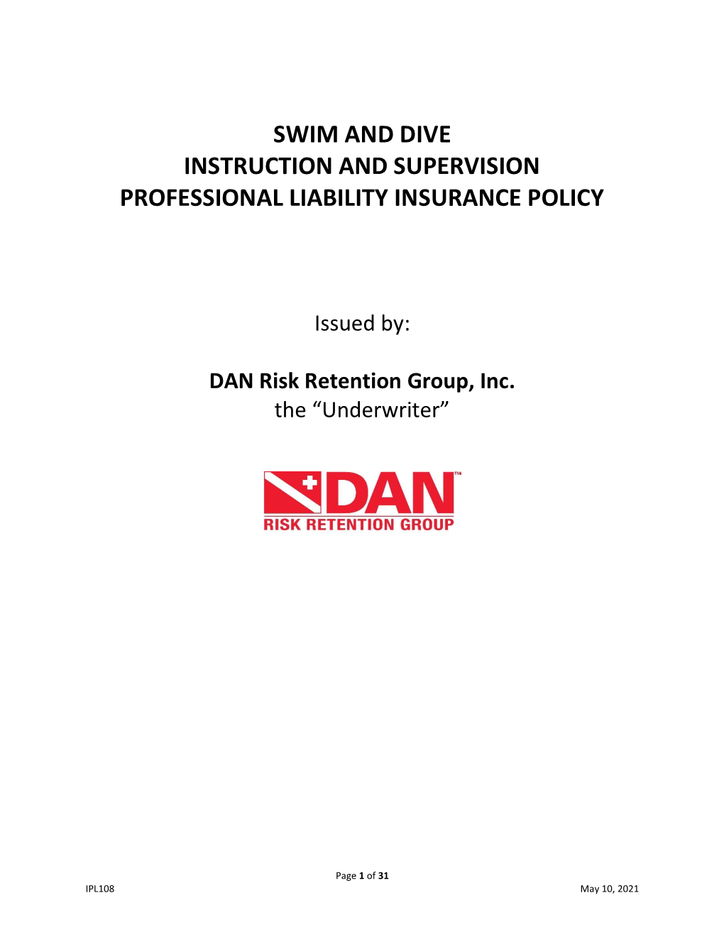 Swim and Dive Instruction and Supervision Professional Liability Insurance Policy