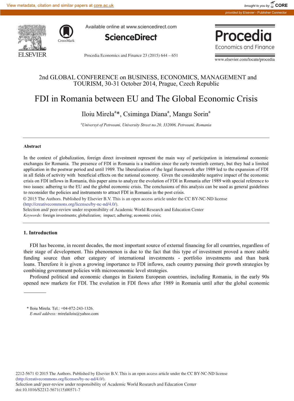 FDI in Romania Between EU and the Global Economic Crisis
