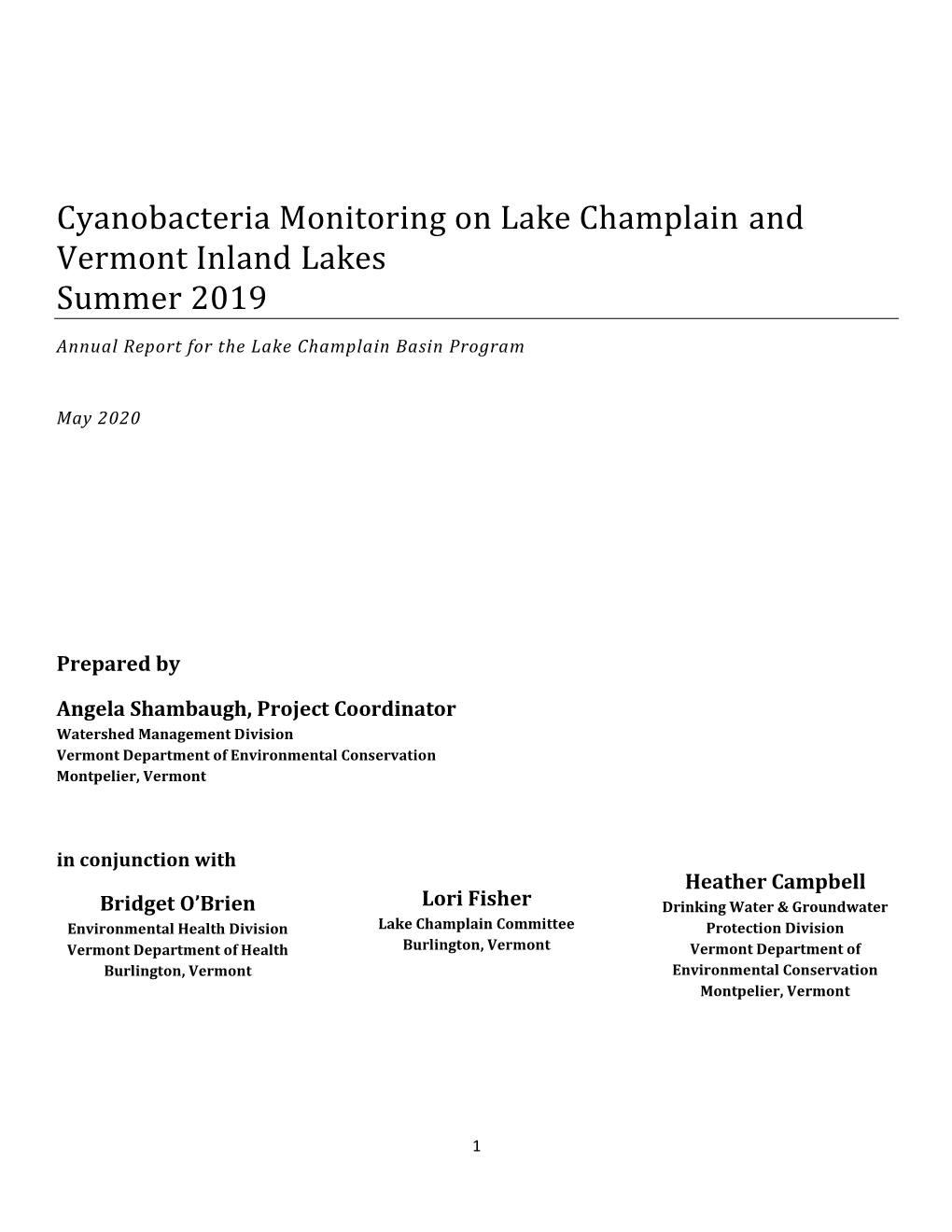 Cyanobacteria Monitoring on Lake Champlain and Vermont Inland Lakes Summer 2019