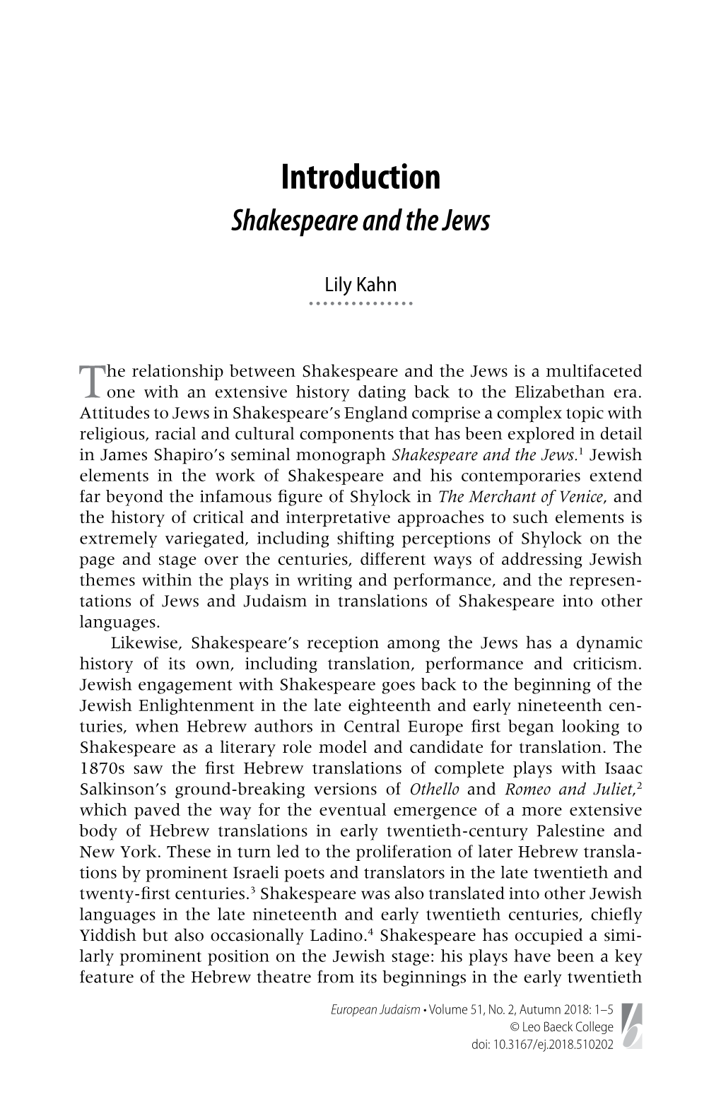 Introduction Shakespeare and the Jews
