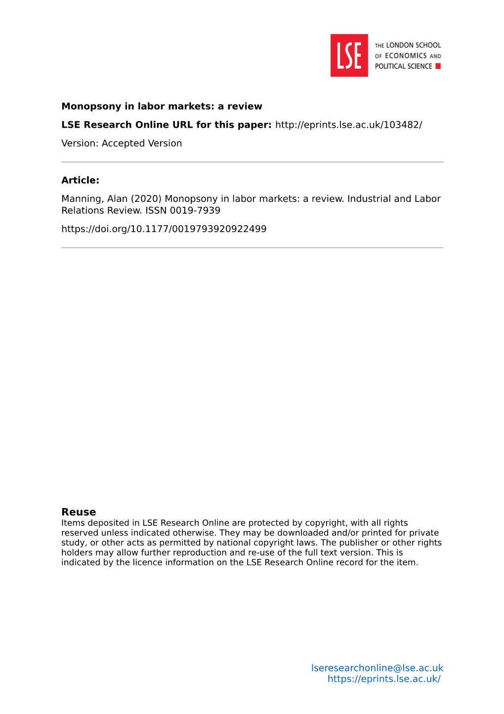 Monopsony in Labor Markets: a Review LSE Research Online URL for This Paper: Version: Accepted Version