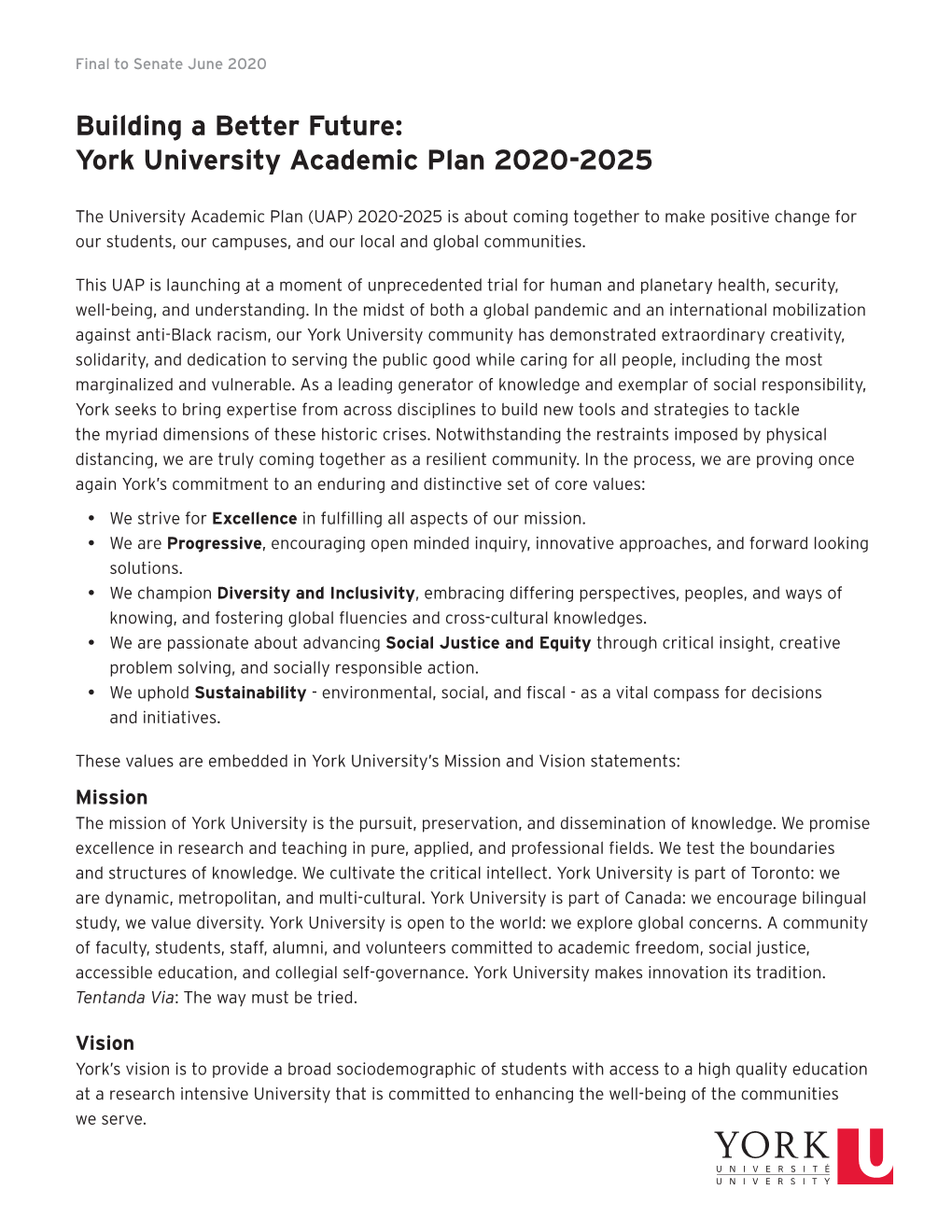 Building a Better Future: York University Academic Plan 2020-2025