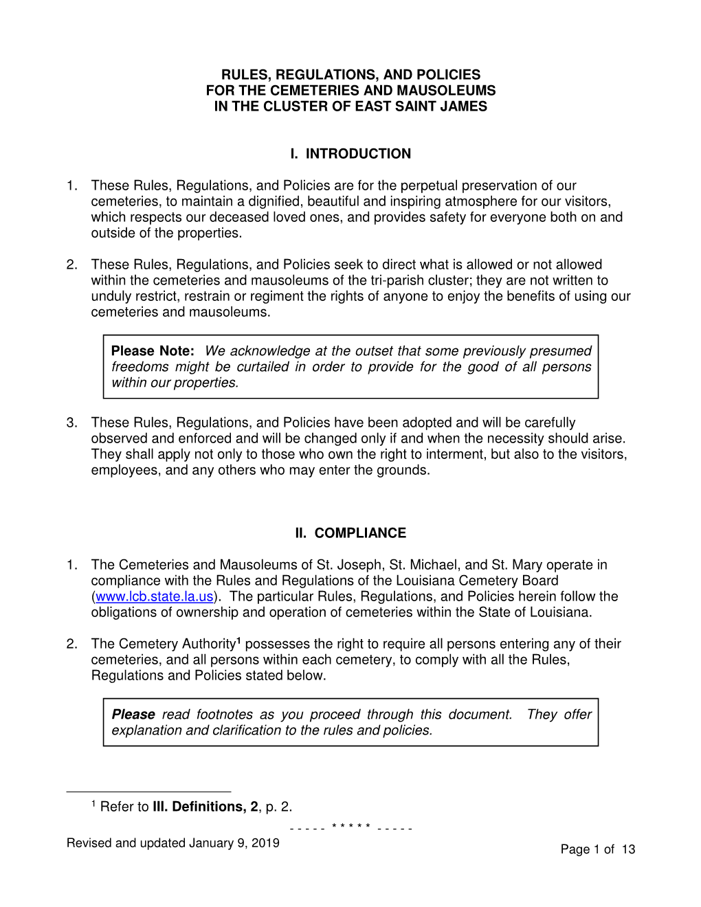 Rules, Regulations, and Policies for the Cemeteries and Mausoleums in the Cluster of East Saint James