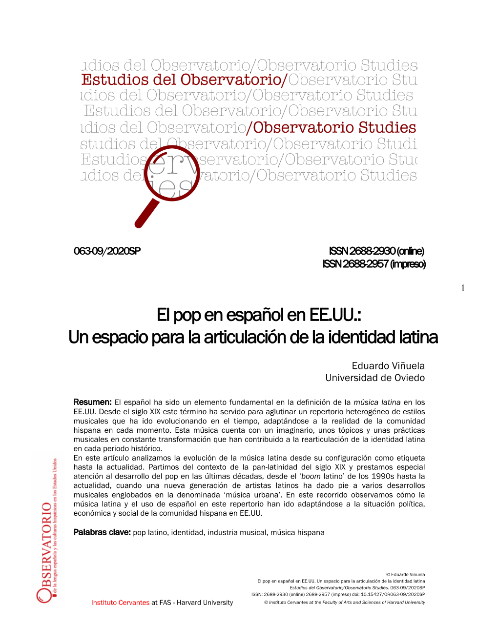 El Pop En Español En EE.UU.: Un Espacio Para La Articulación De La Identidad Latina