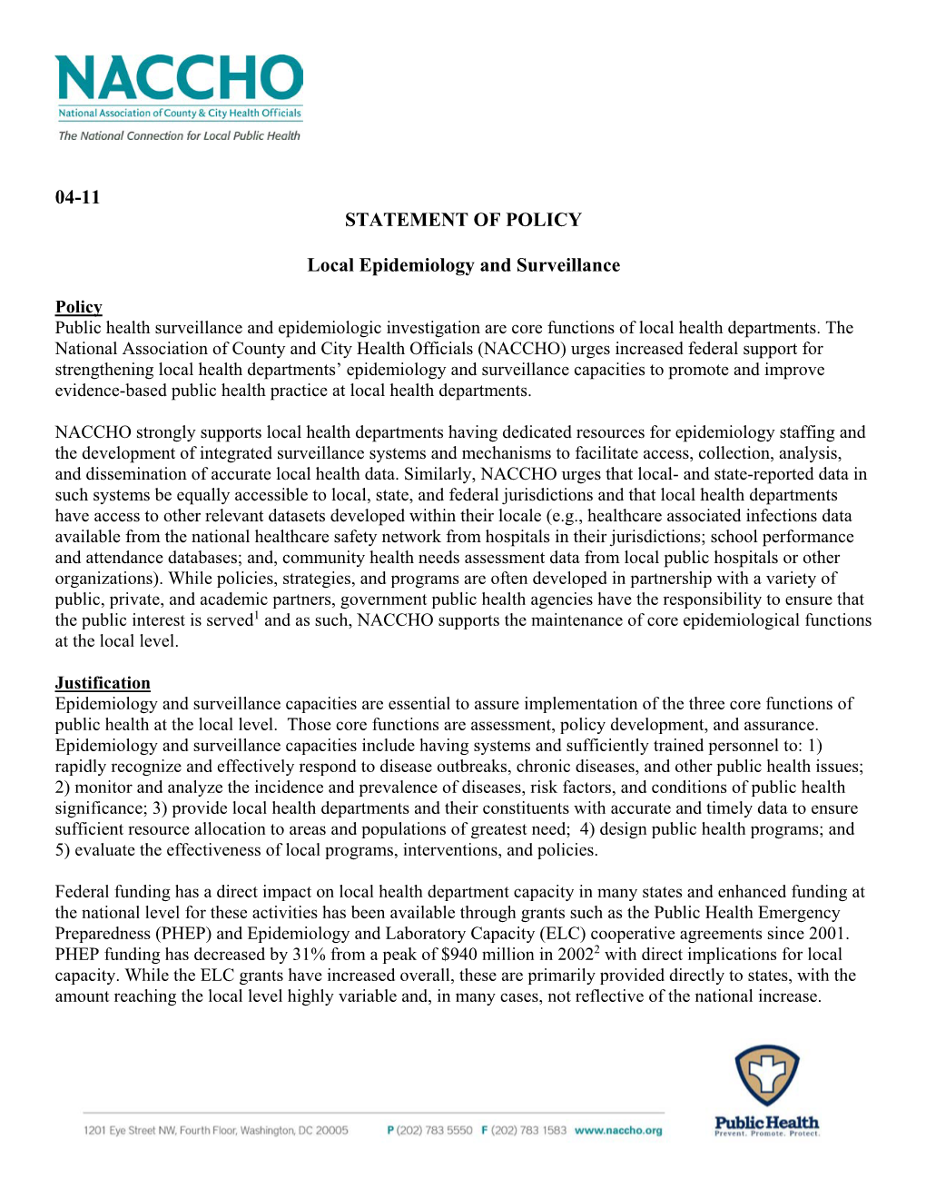 04-11 STATEMENT of POLICY Local Epidemiology and Surveillance