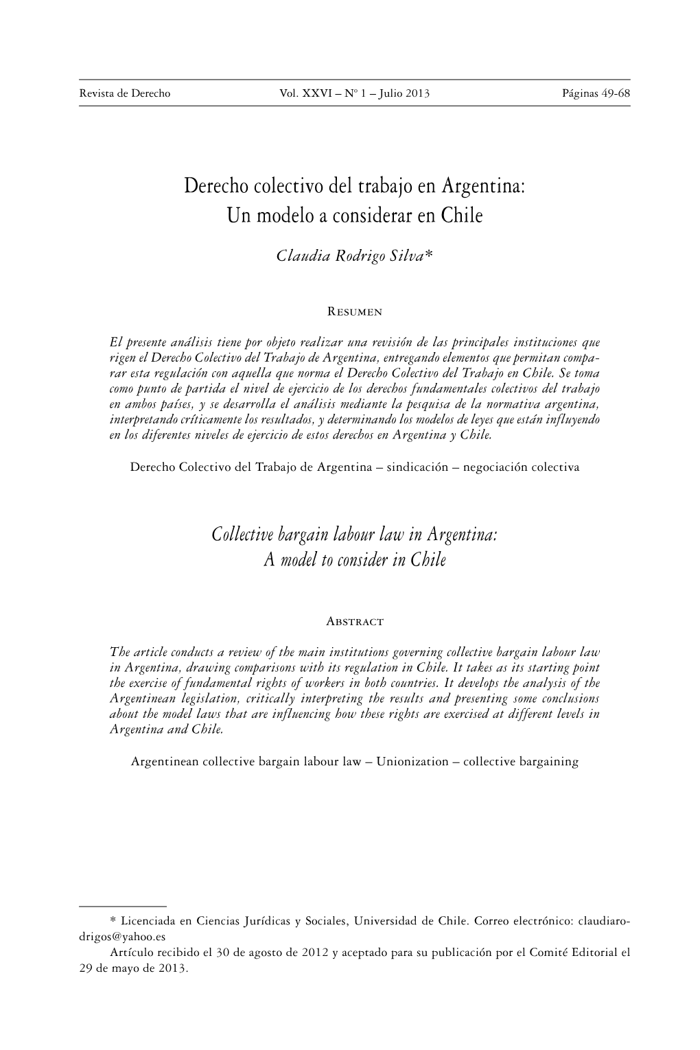 Derecho Colectivo Del Trabajo En Argentina: Un Modelo a Considerar En Chile