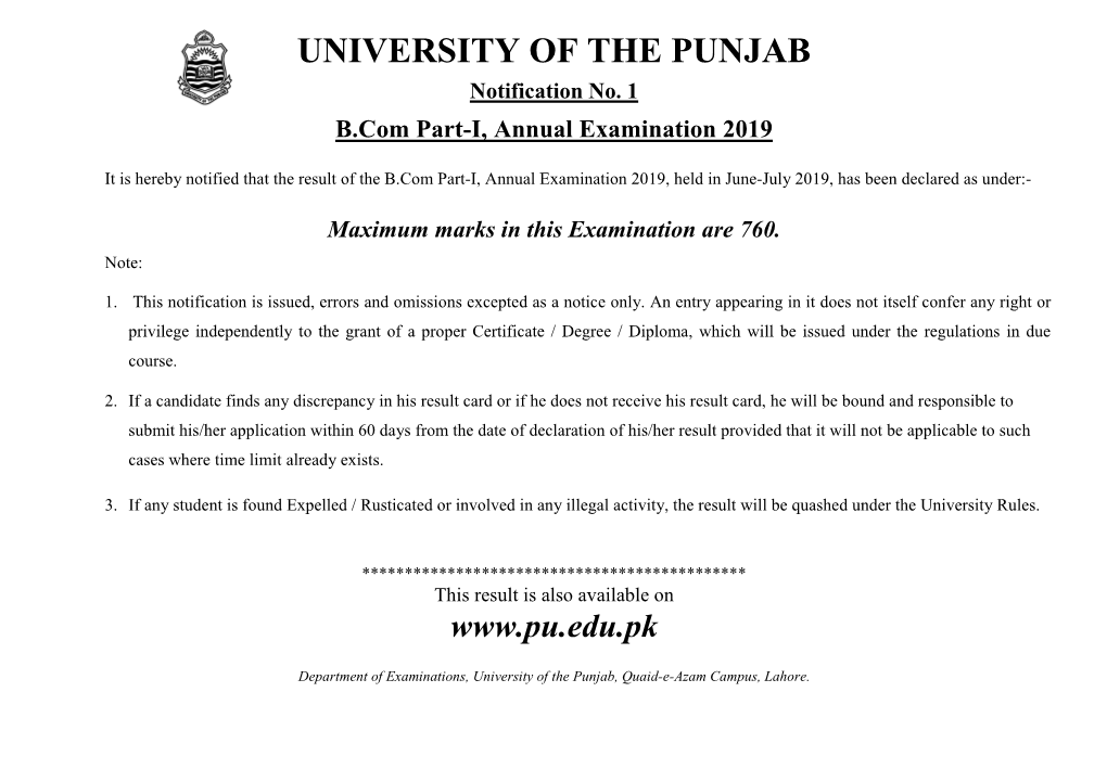 B.Com Part-I Annual Examination 2019