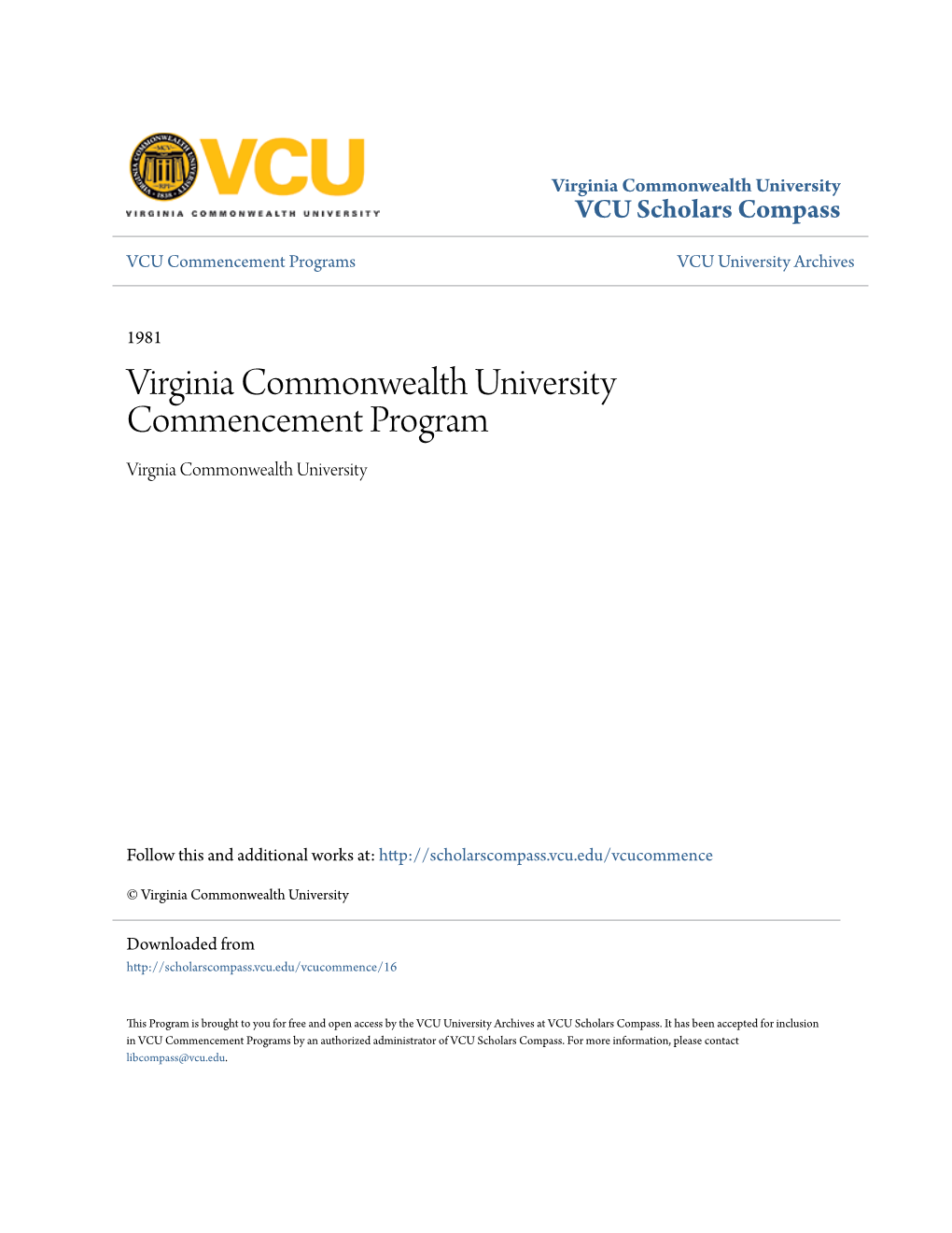 Virginia Commonwealth University Commencement Program Virgnia Commonwealth University