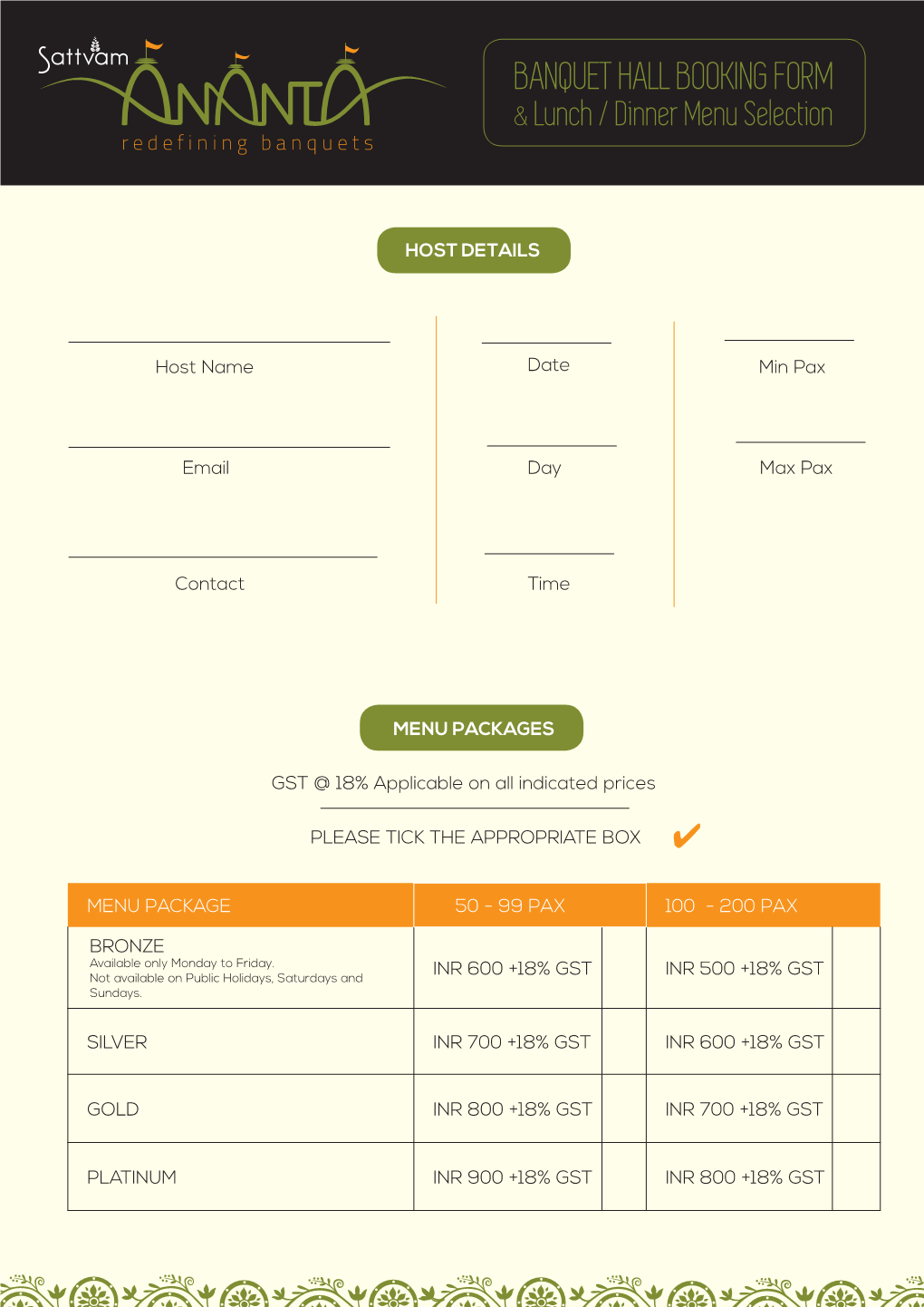 Host Name Date Day Time Email Contact Min Pax Max Pax MENU