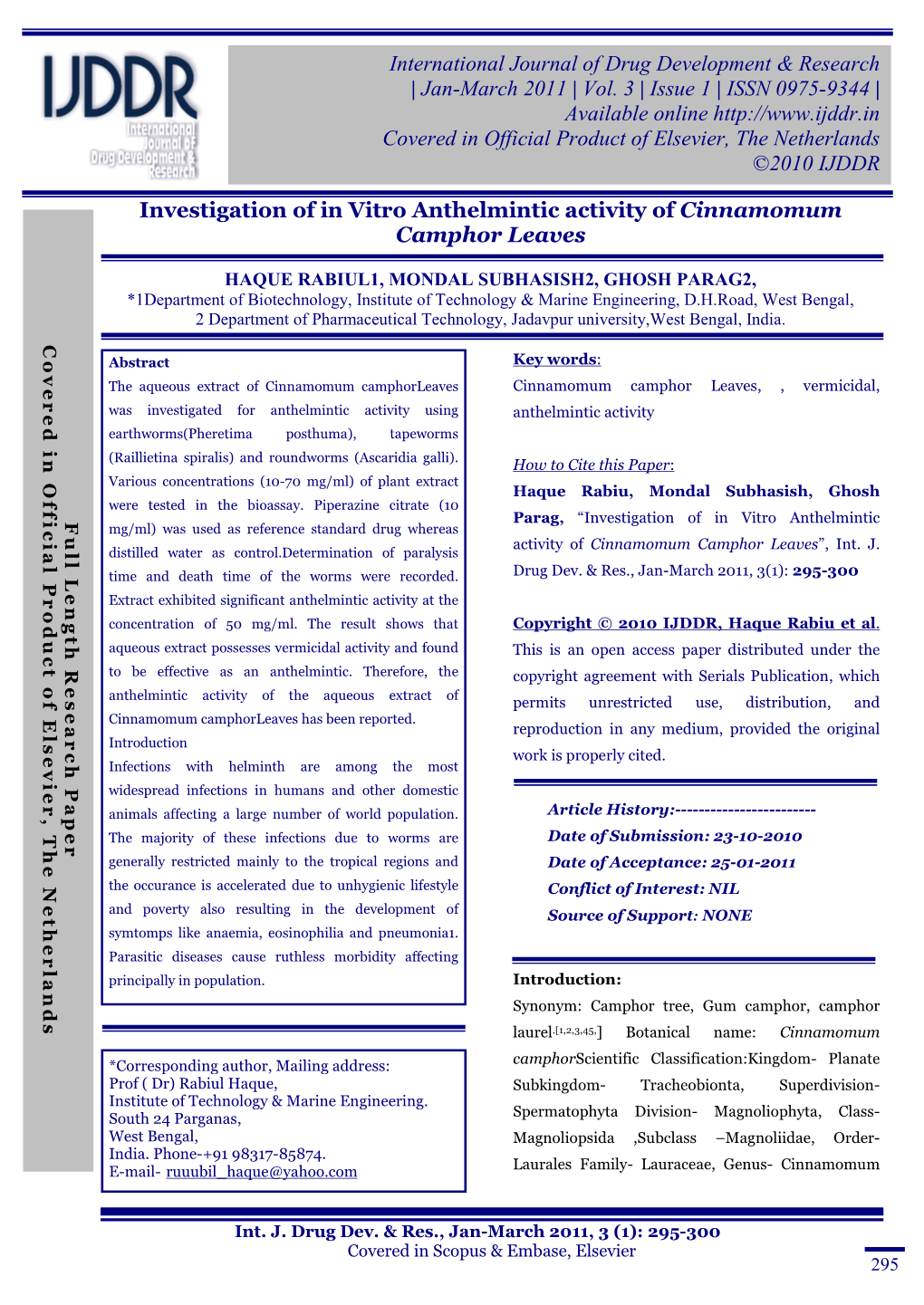 Investigation of in Vitro Anthelmintic Activity of Cinnamomum Camphor Leaves