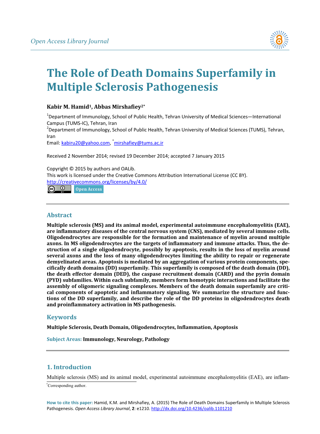 The Role of Death Domains Superfamily in Multiple Sclerosis Pathogenesis