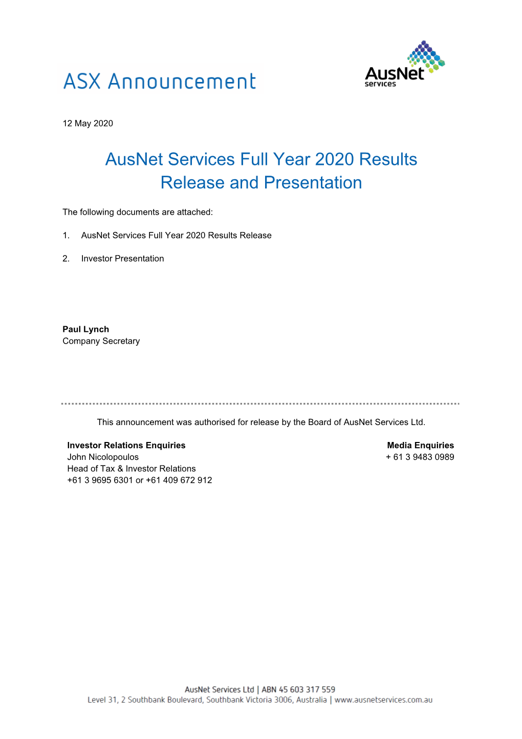 Ausnet Services Full Year 2020 Results Release and Presentation