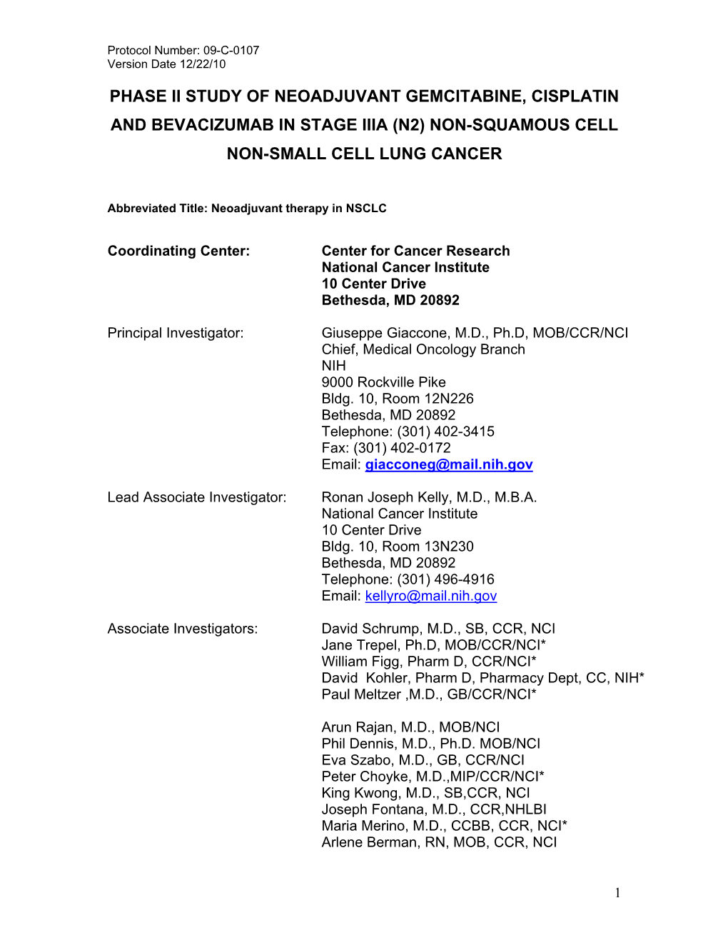 Phase Ii Study of Neoadjuvant Gemcitabine, Cisplatin and Bevacizumab in Stage Iiia (N2) Non-Squamous Cell Non-Small Cell Lung Cancer